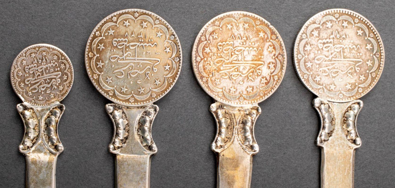Ottoman Coin-Set Turkish Silver Letter Openers, 4 In Good Condition In Astoria, NY