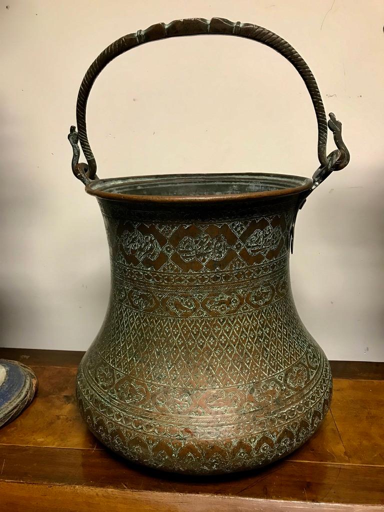 Turkish Ottoman Copper Bucket With Incised Decoration For Sale