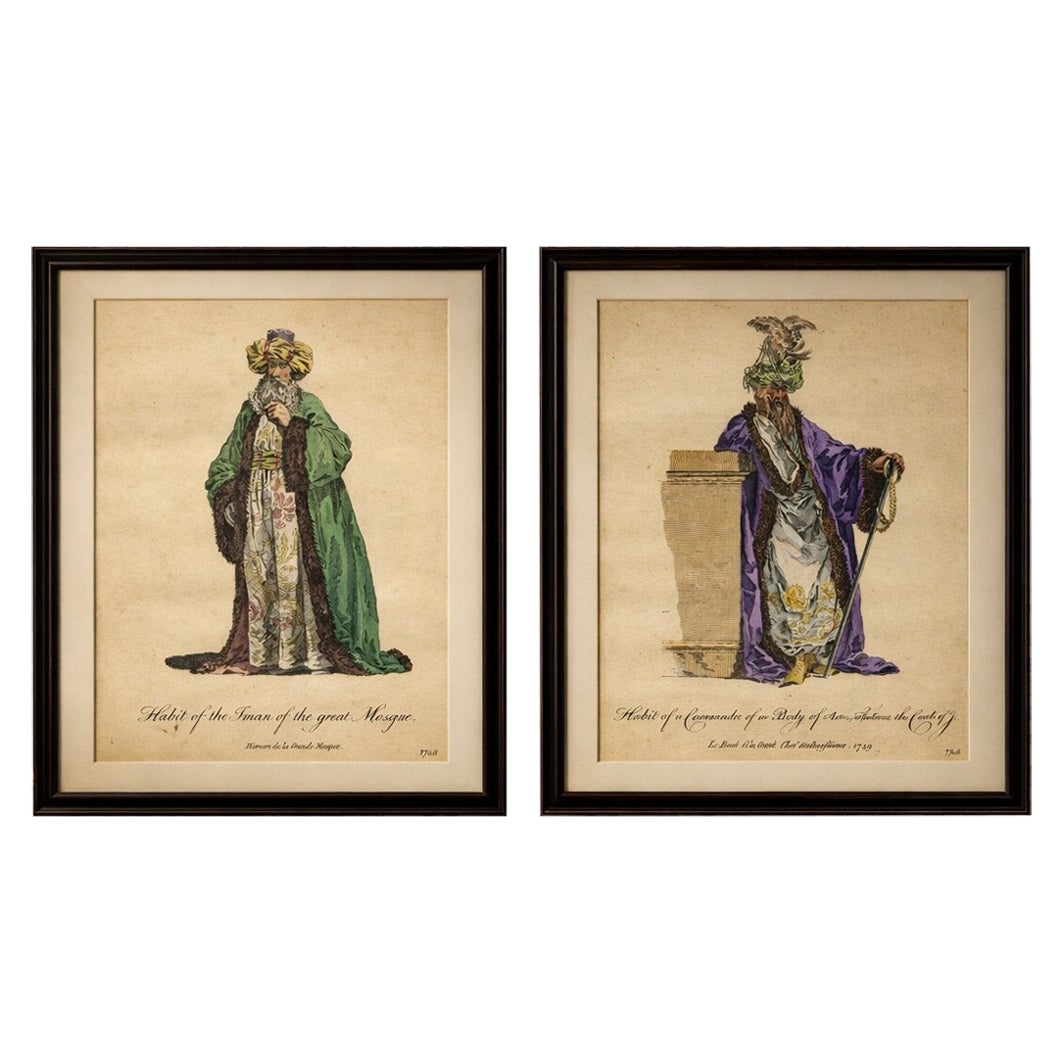 Osmanisches Kostümdruckpaar, Imam & Hofbeamter, handkoloriert 1749