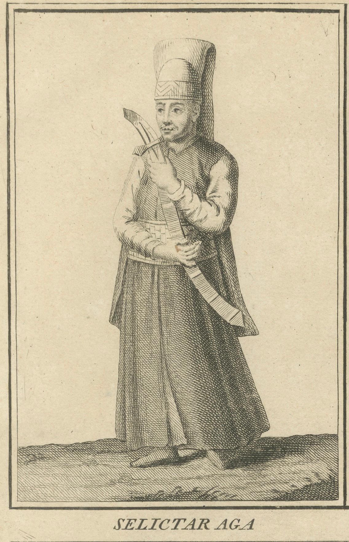 Osmanische Hofbedienstete und Soldaten - 1734 Druck von Figuren des kaiserlichen Palastes (Papier) im Angebot