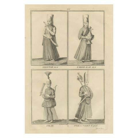 Ottoman Court Attendants and Soldiers – 1734 Print of Imperial Palace Figures