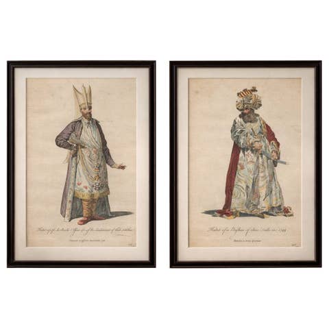 Ottoman Court Figures, Hand-Colored Costume Engravings Pair, c.1749