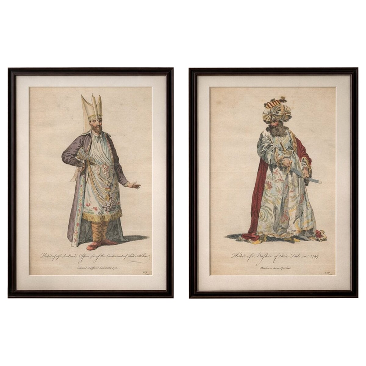 Ottoman Court Figures, Hand-Colored Costume Engravings Pair, c.1749