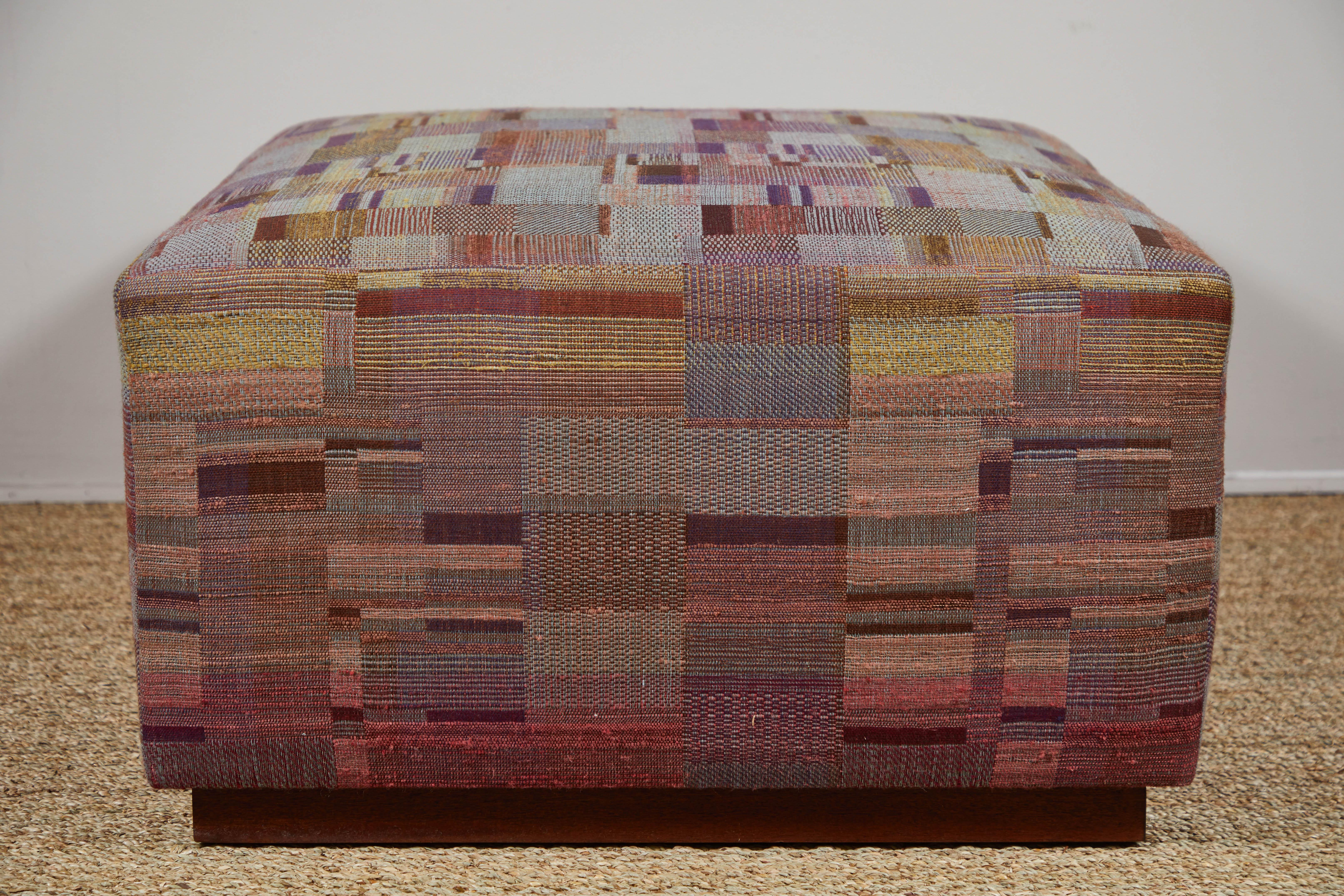 Hand-Woven Ottoman Covered in Handwoven Indian Fabric For Sale