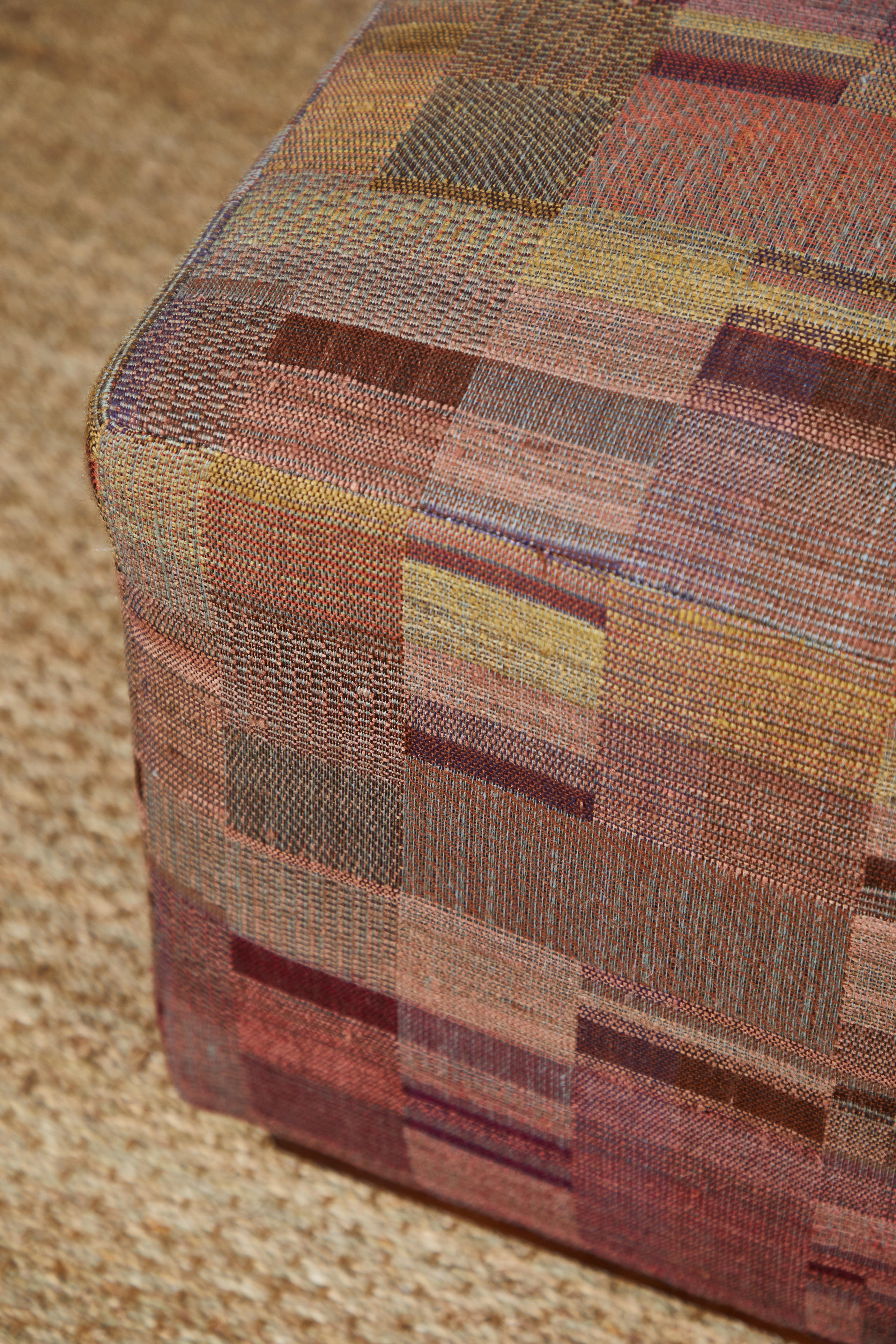 Wool Ottoman Covered in Handwoven Indian Fabric For Sale