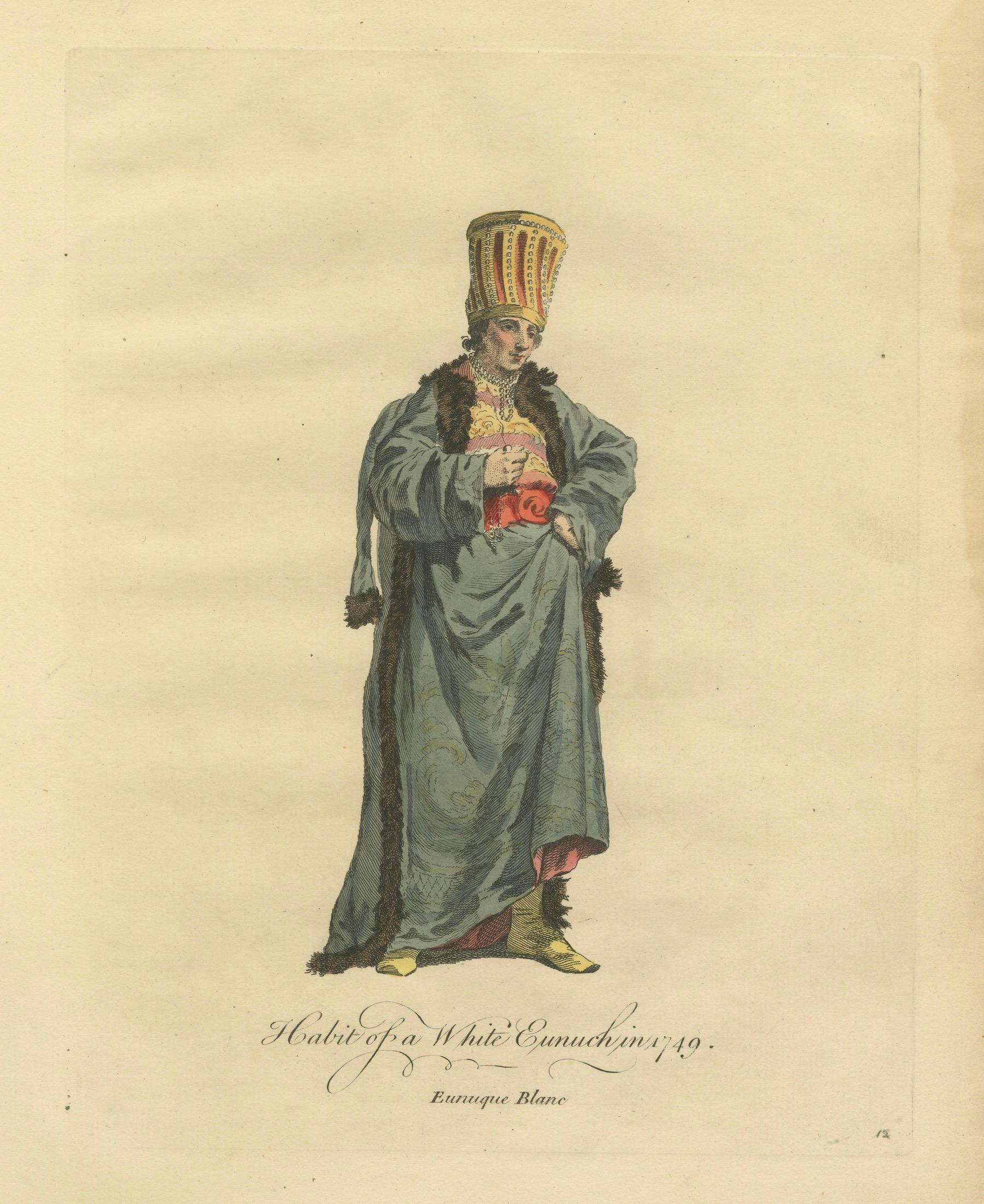 Ottoman Eunuch Costume Print, Hand-Colored Engraving, 1749