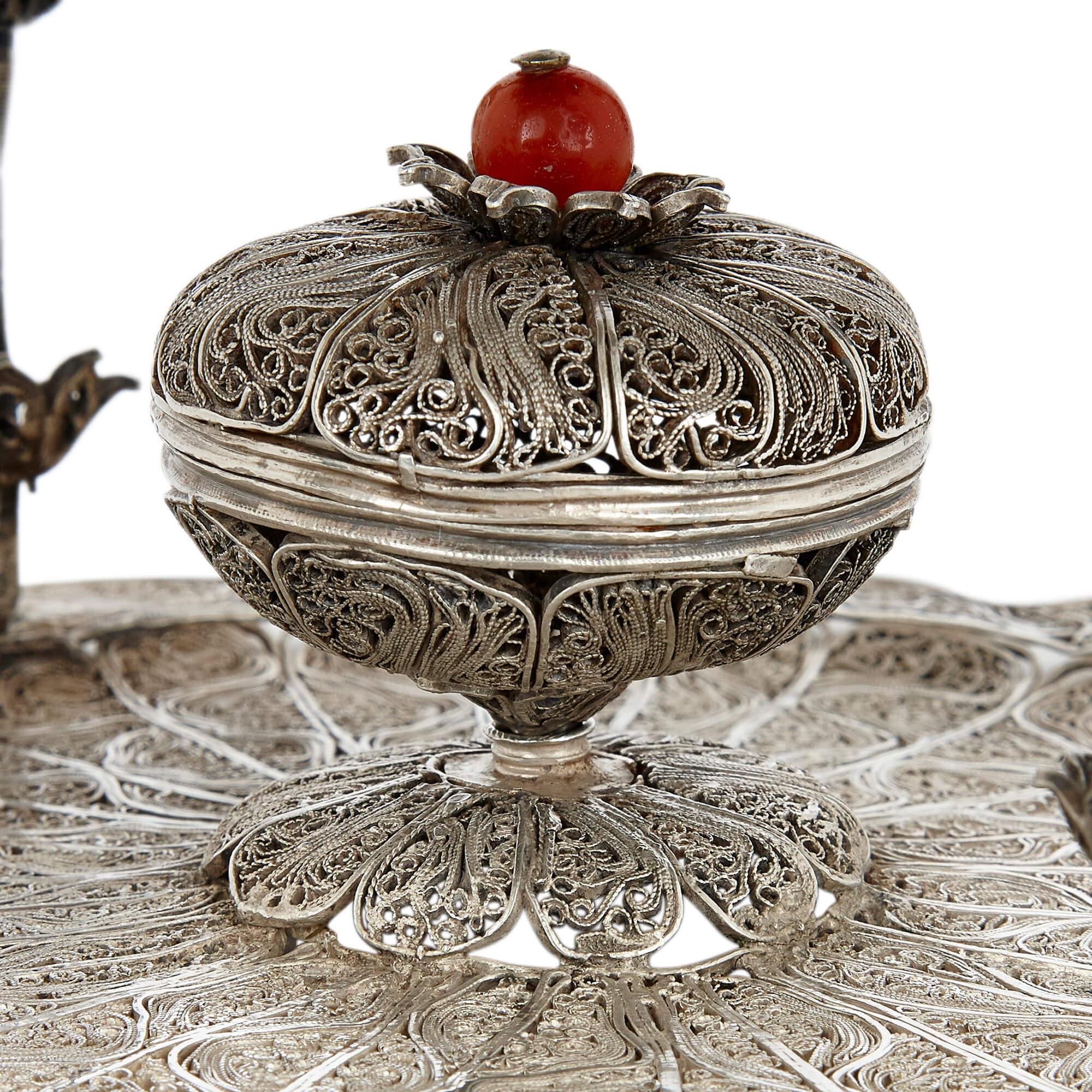 Ottoman Filigreed Silver and Hardstone Sweets Dish For Sale 1