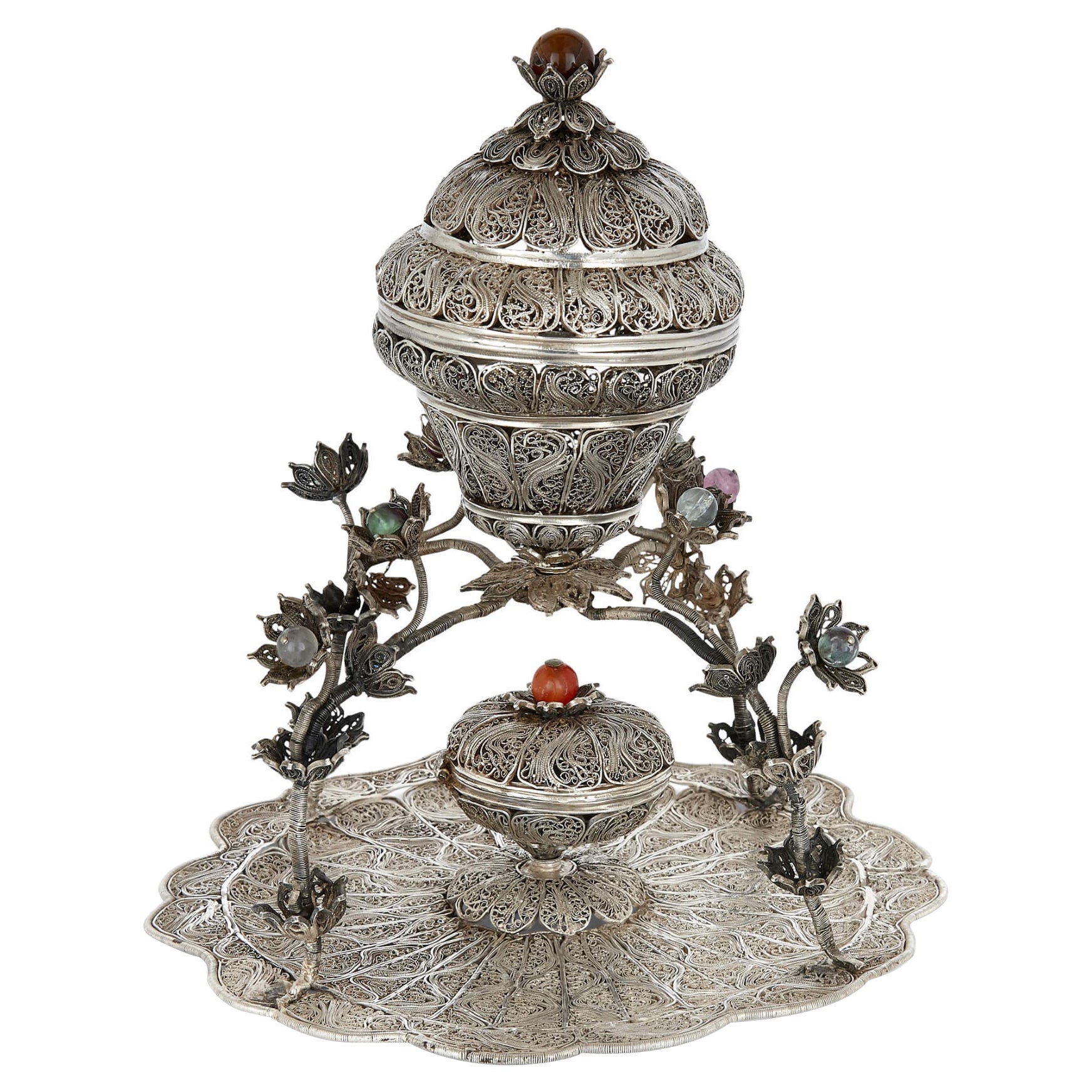 Ottoman-Süßigkeitenschale aus filigranem Silber und Hartstein