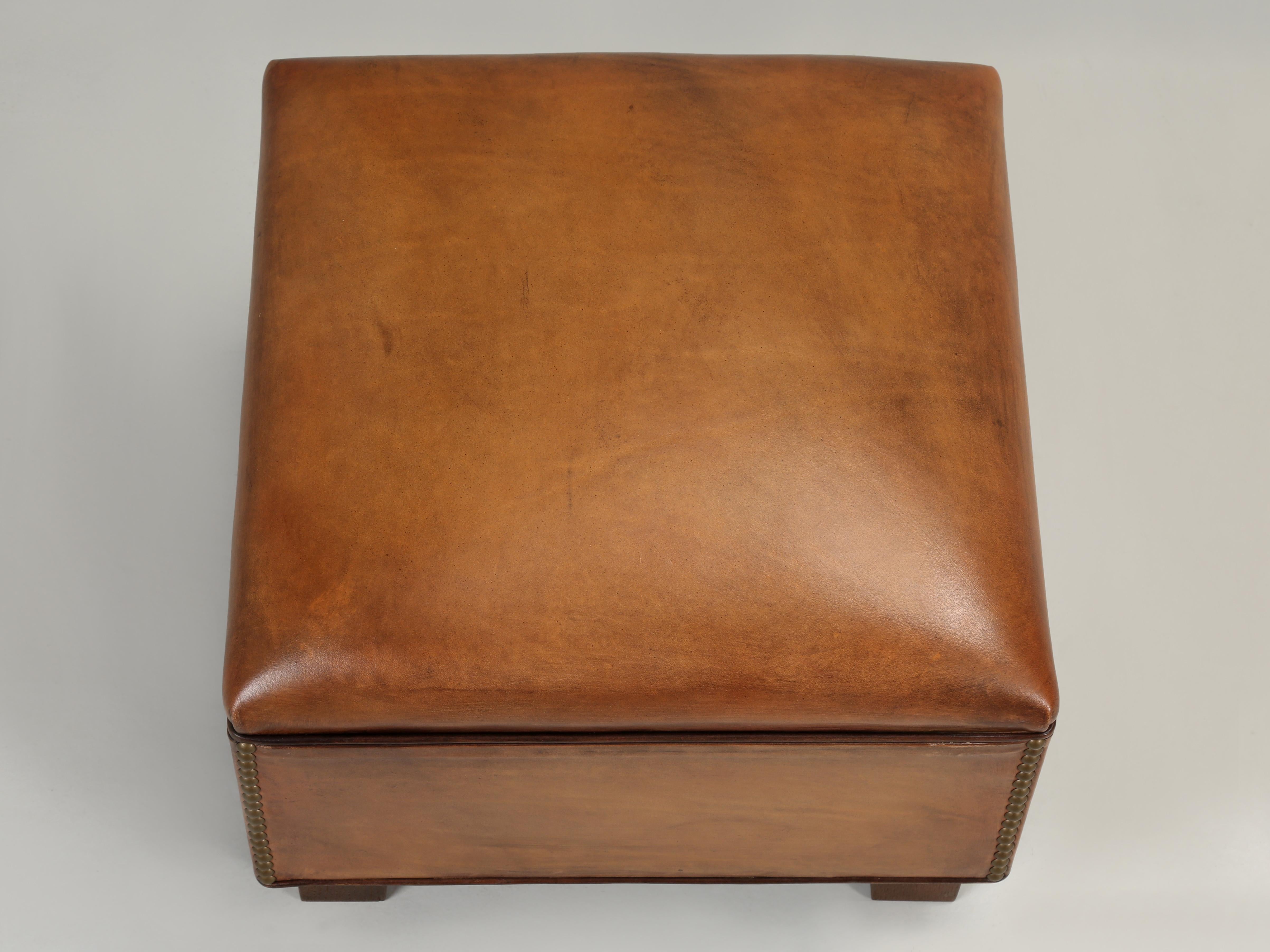 Ottoman, Custom Made inhouse to pair with French Leather Club Chairs or whatever. Available in an infinite array of colors, fabrics and of course in any dimension. Typically, you would see these Leather Ottomans with matching French Leather Club