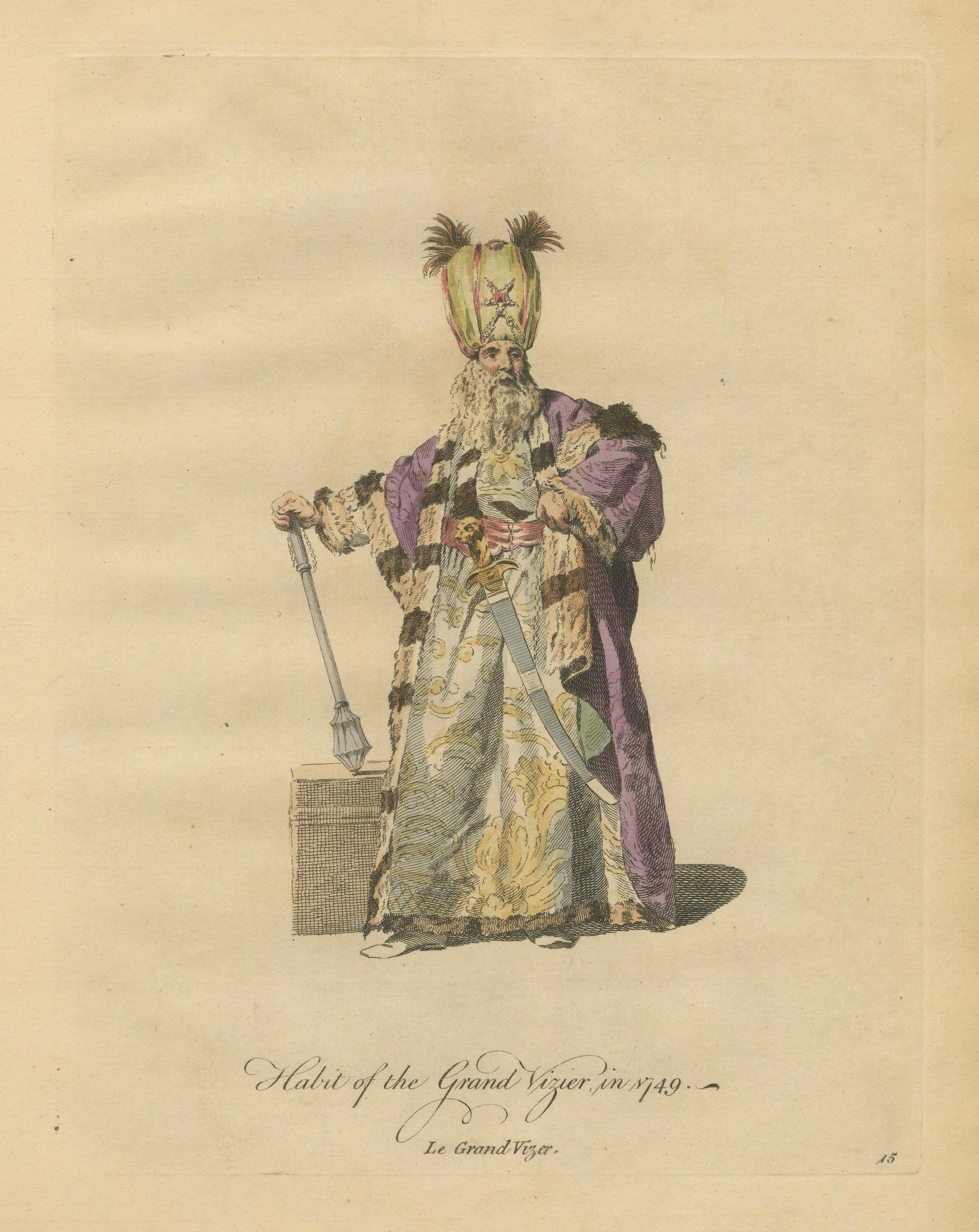 Ottoman Grand Vizier Costume Print, Hand-Colored Engraving, 1749