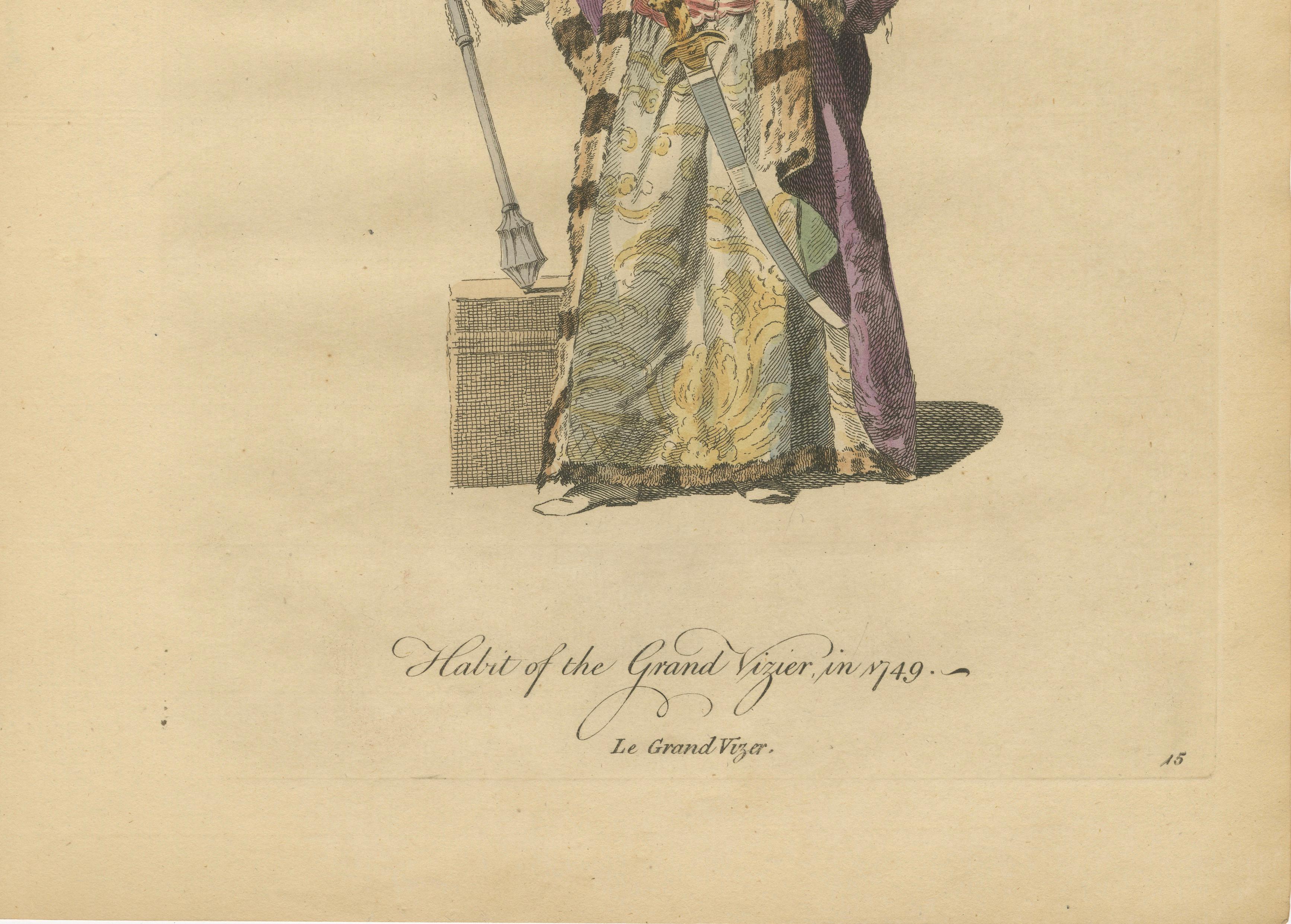 Ottoman Grand Vizier Costume Print, Hand-Colored Engraving, 1749