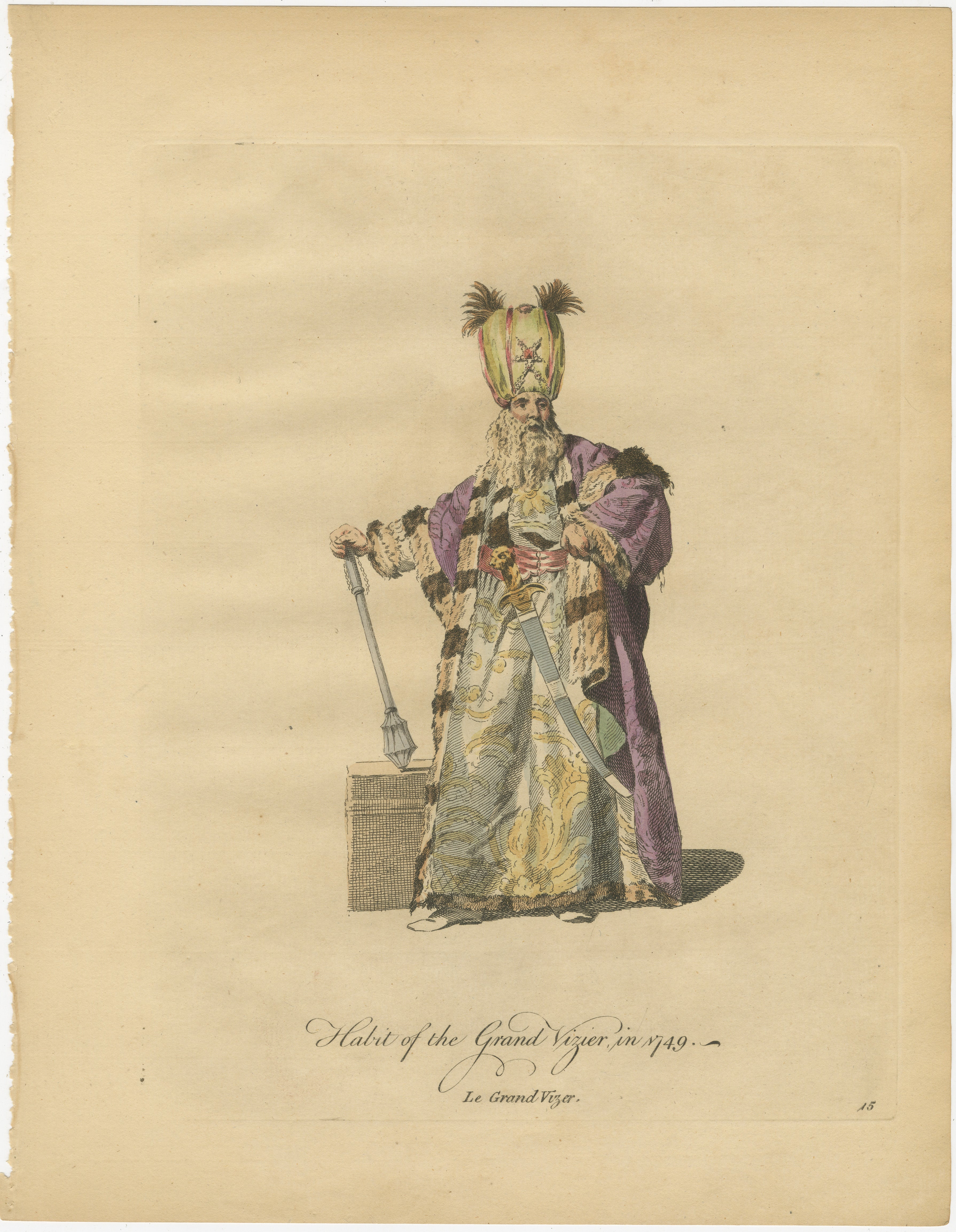 Ottoman Grand Vizier Costume Print, Hand-Colored Engraving, 1749