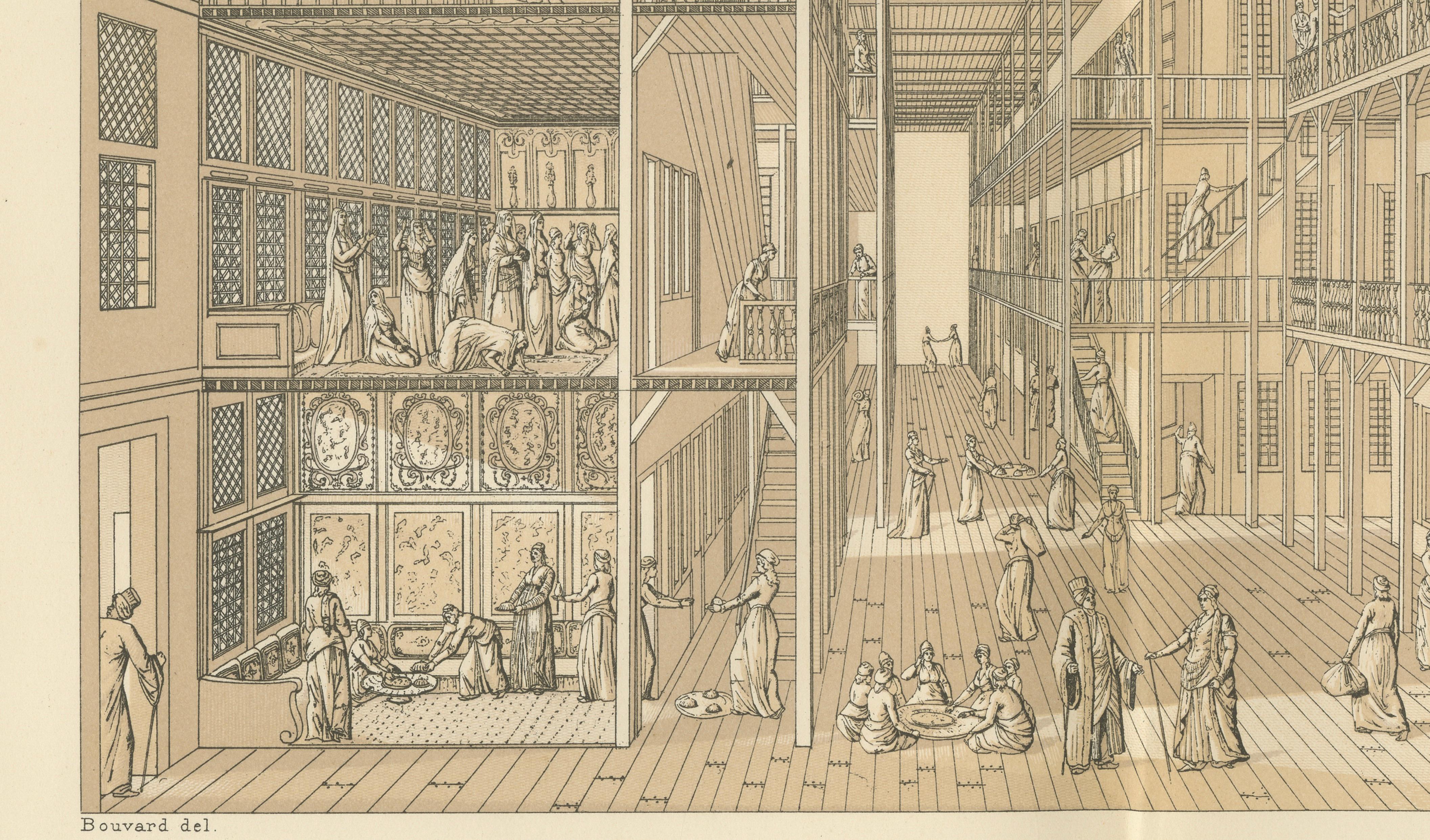 Ottoman Harem Interior Lithograph, Constantinople, Melling, Paris c.1888