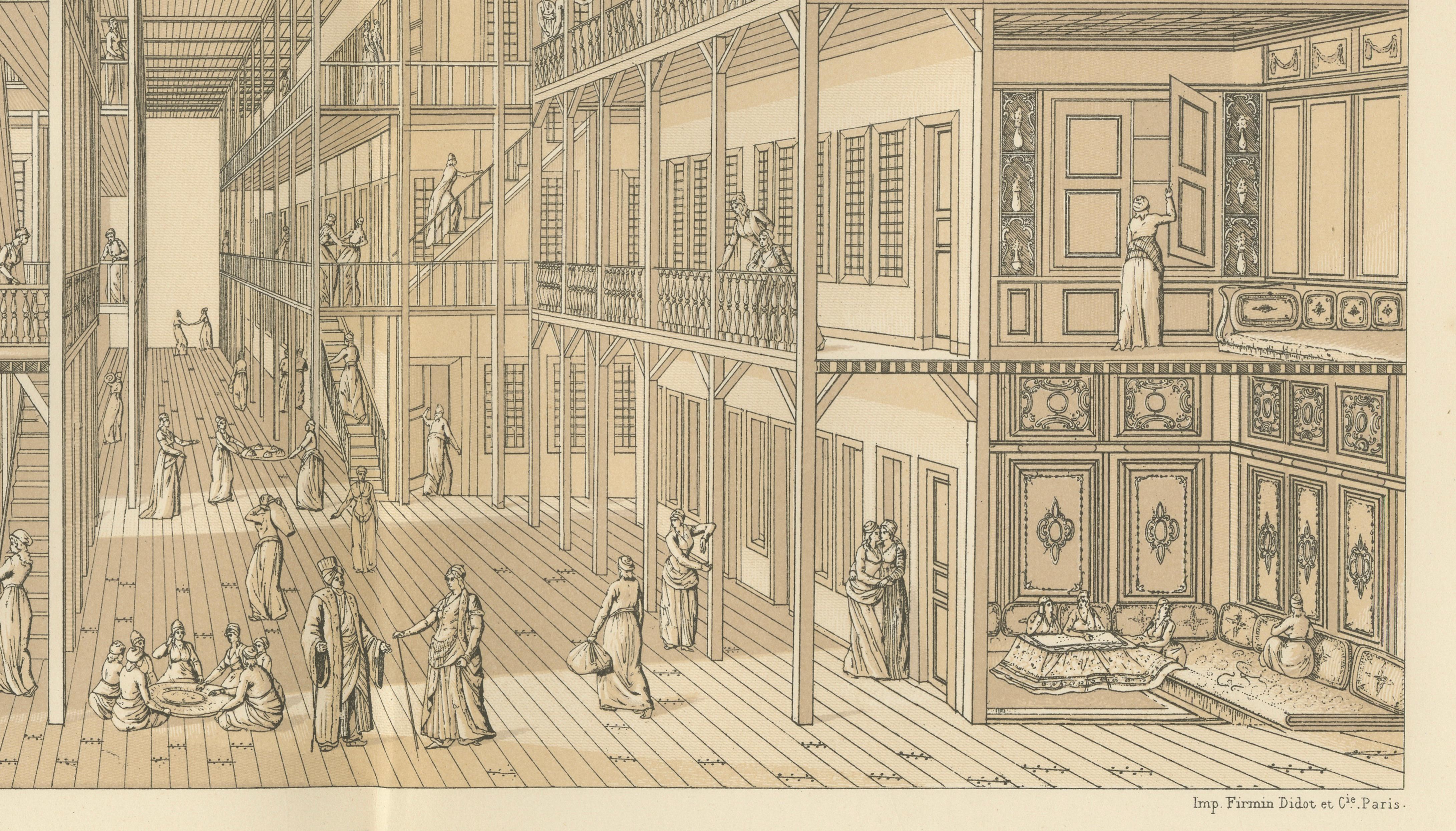 Ottoman Harem Interior Lithograph, Constantinople, Melling, Paris c.1888
