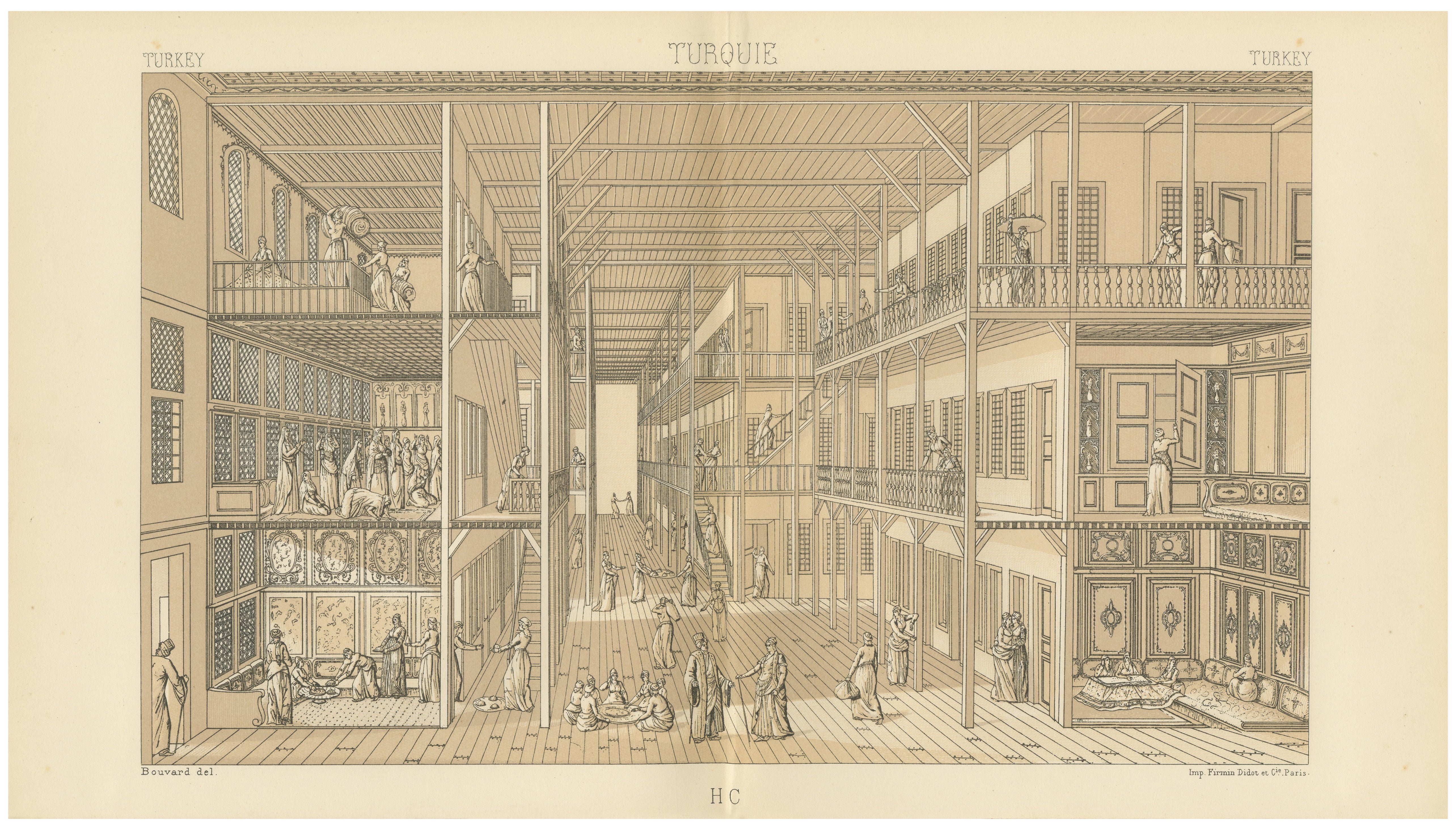 Ottoman Harem Interior Lithograph, Constantinople, Melling, Paris c.1888
