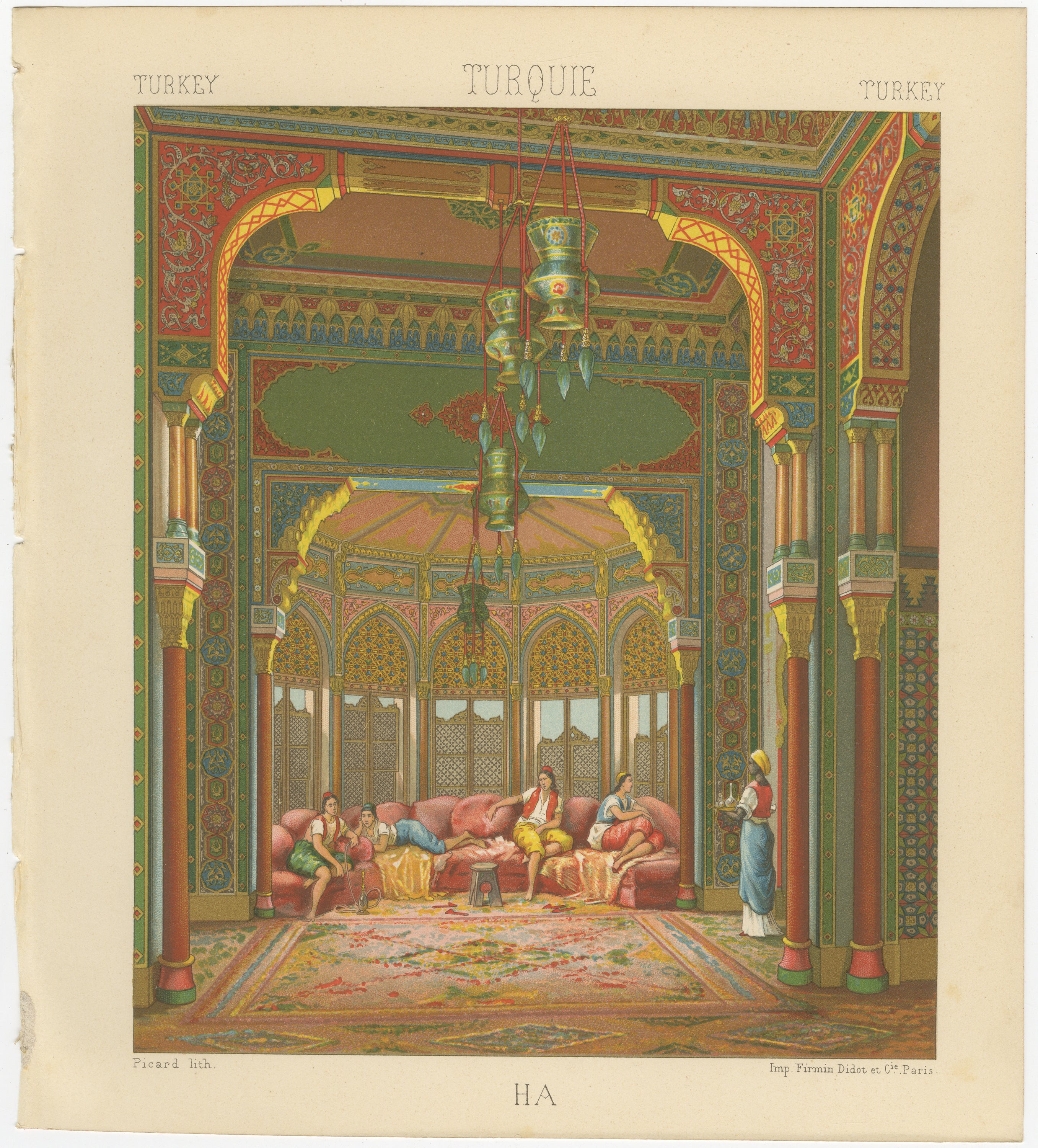 Ottoman Harem Interior Lithograph, Turkish Palace Scene, Color, c.1888