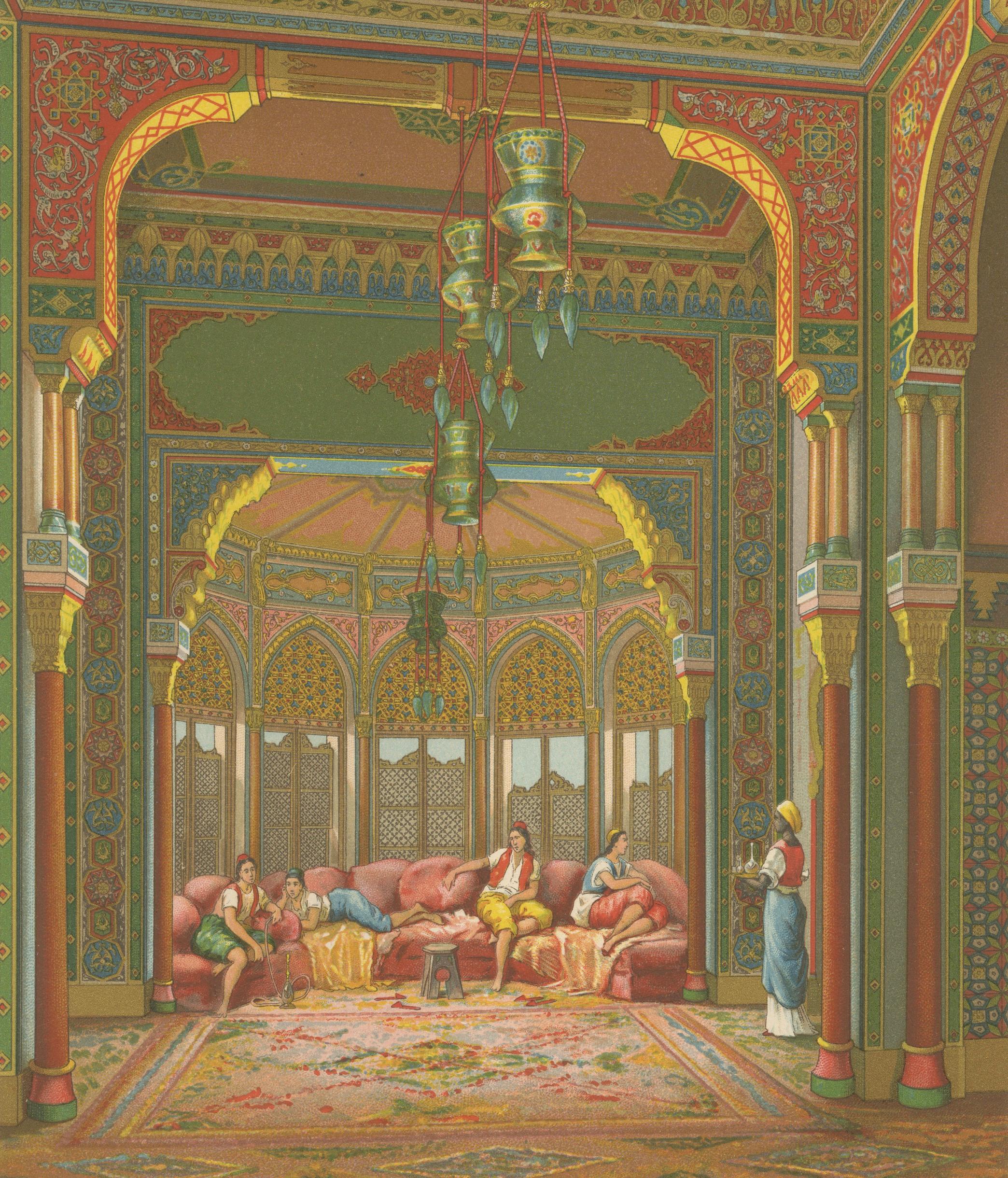 Ottoman Harem Interior Lithograph, Turkish Palace Scene, Color, c.1888