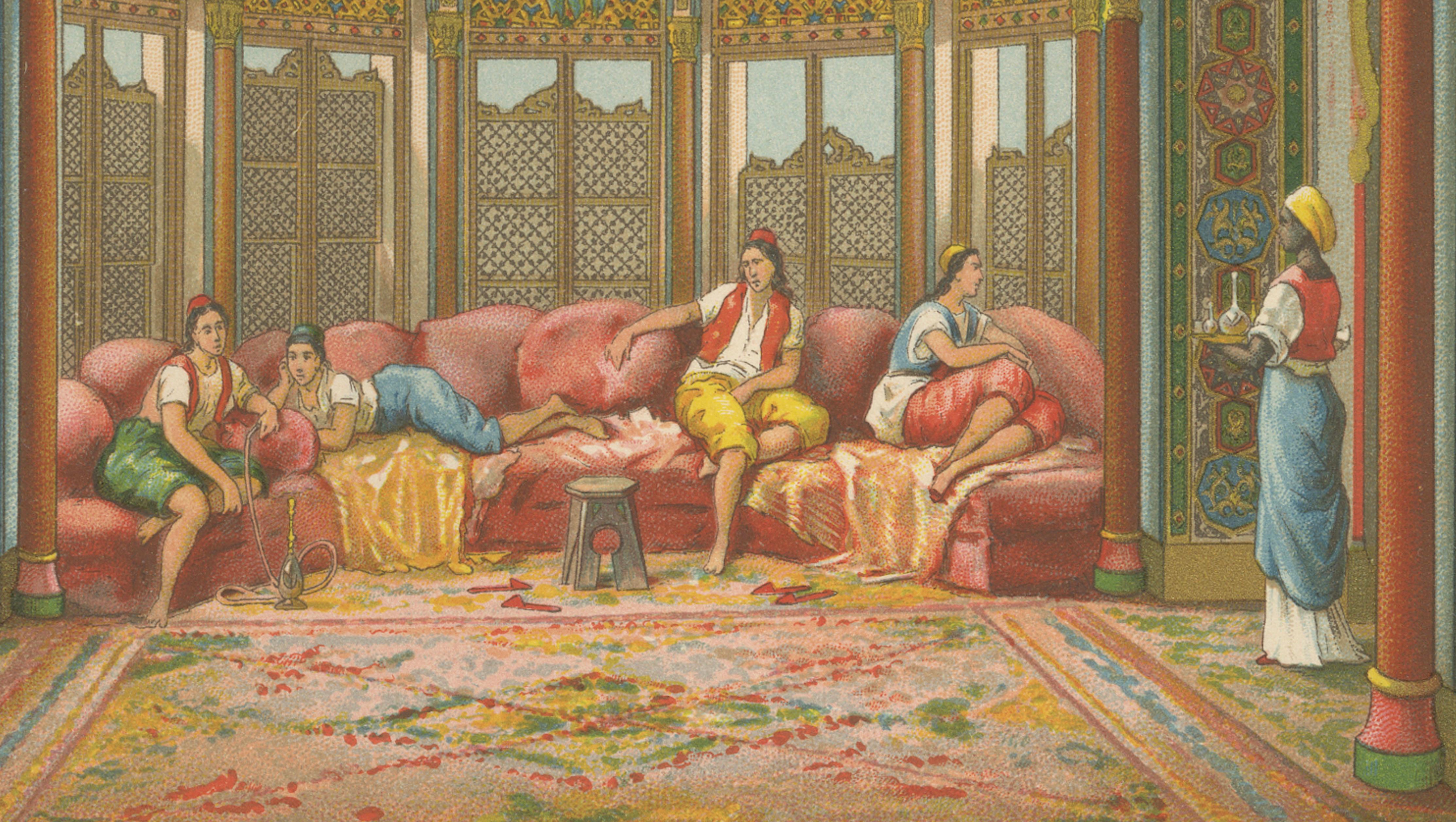 Ottoman Harem Interior Lithograph, Turkish Palace Scene, Color, c.1888