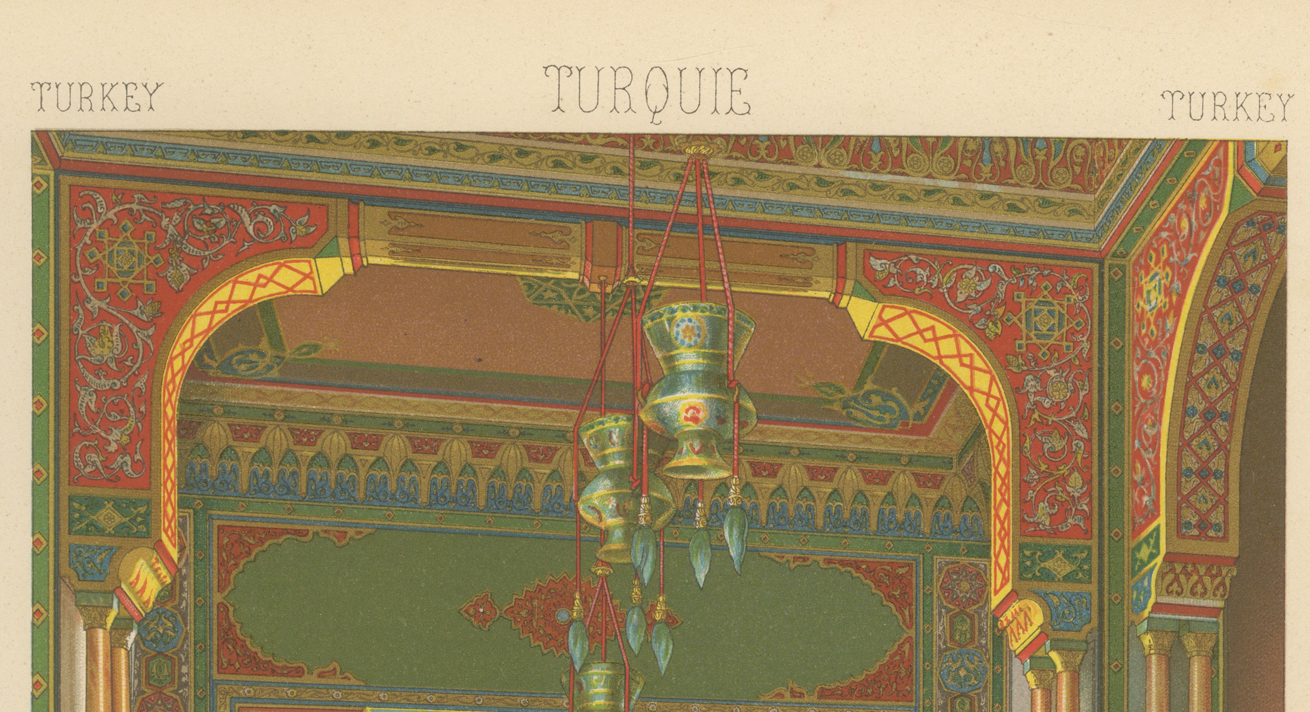 Ottoman Harem Interior Lithograph, Turkish Palace Scene, Color, c.1888