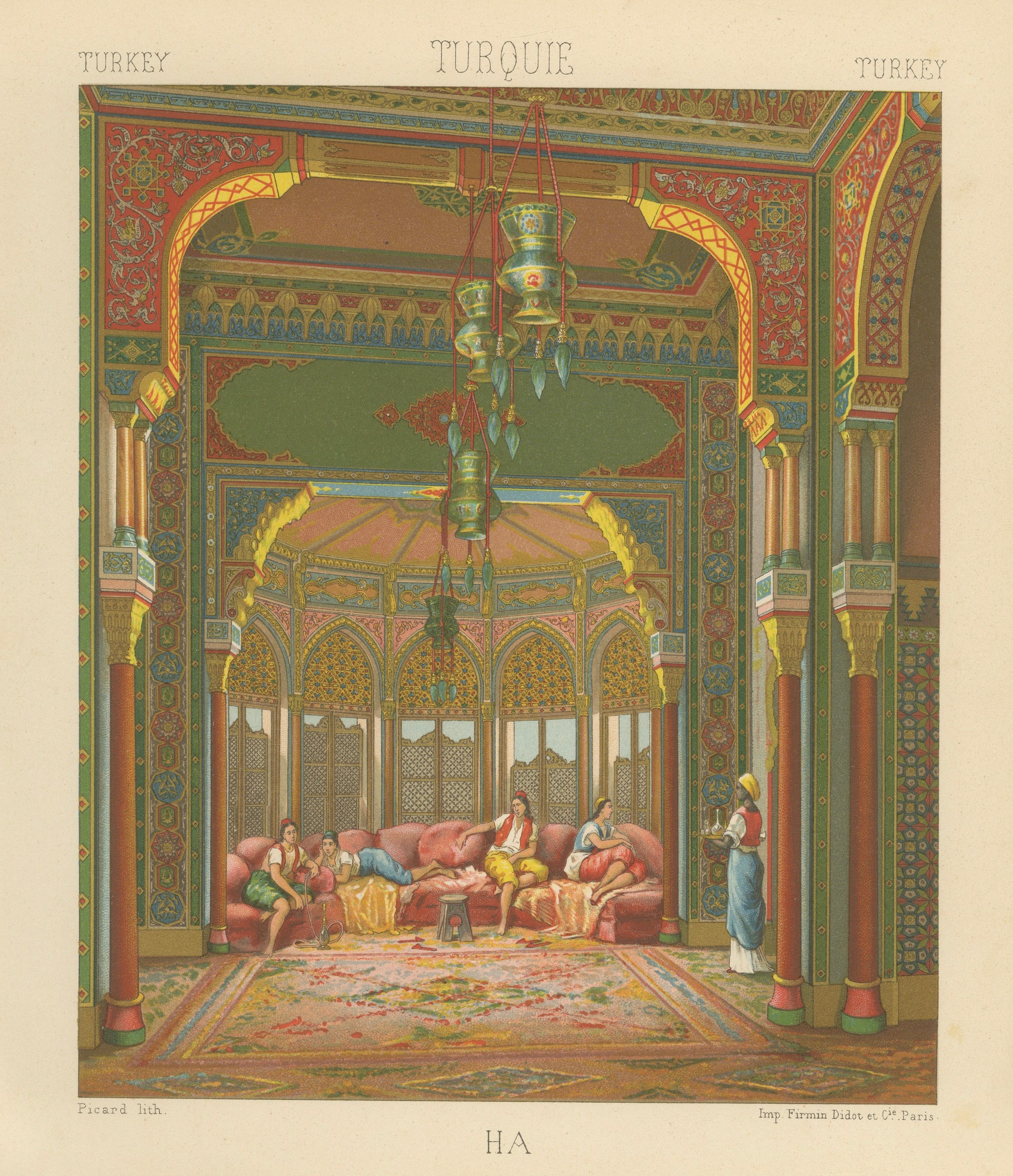 Ottoman Harem Interior Lithograph, Turkish Palace Scene, Color, c.1888