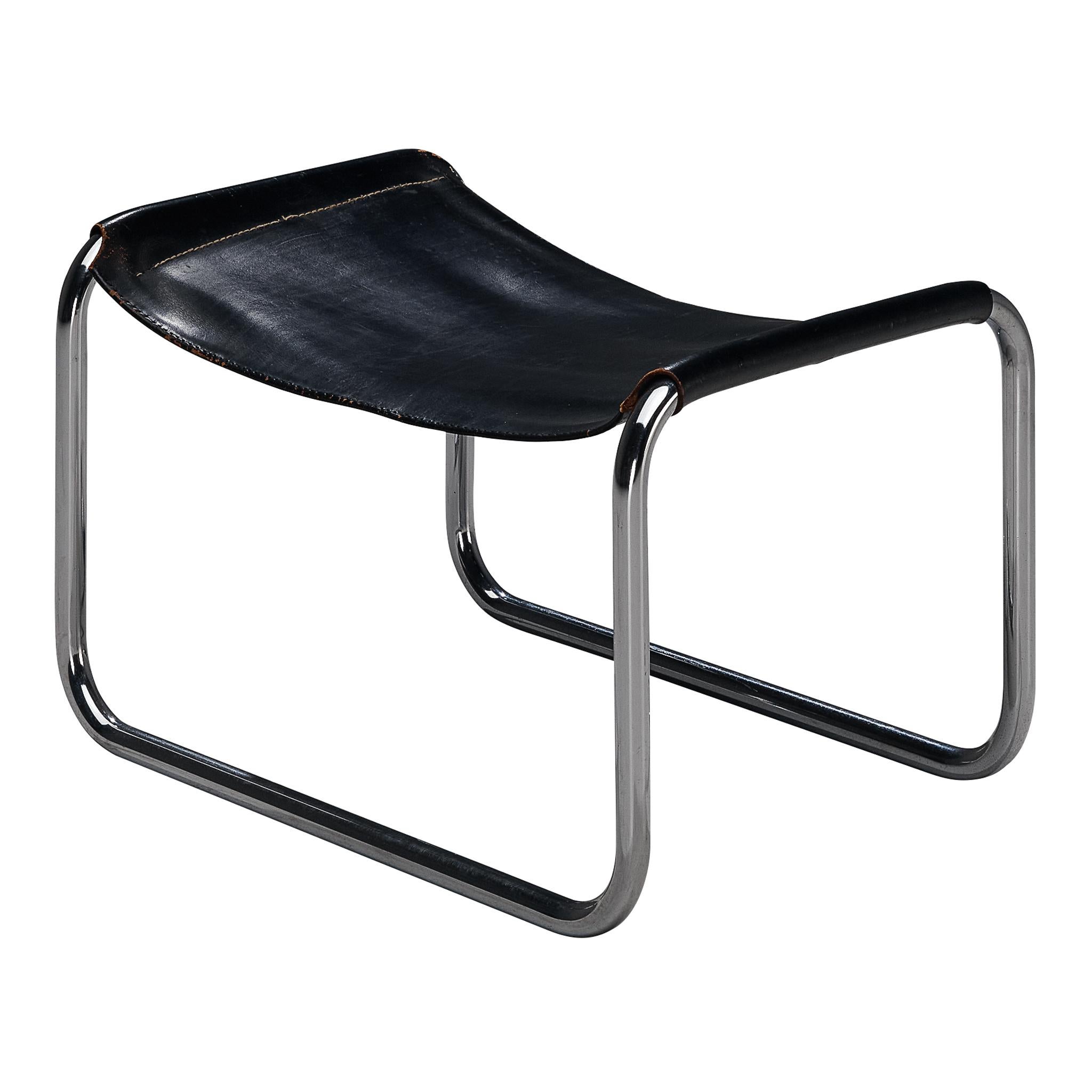 Ottoman in Black Saddle Leather and Chromed Metal For Sale
