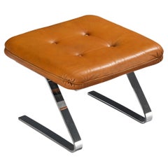 Ottoman in Cognac Leather and Chromed Metal Base