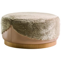 Ottoman in Fur with Walnut Base in Leather