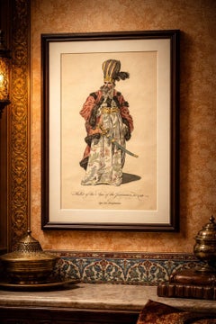 Ottoman Janissary Aga Costume Print, Hand-Colored Engraving, 1749