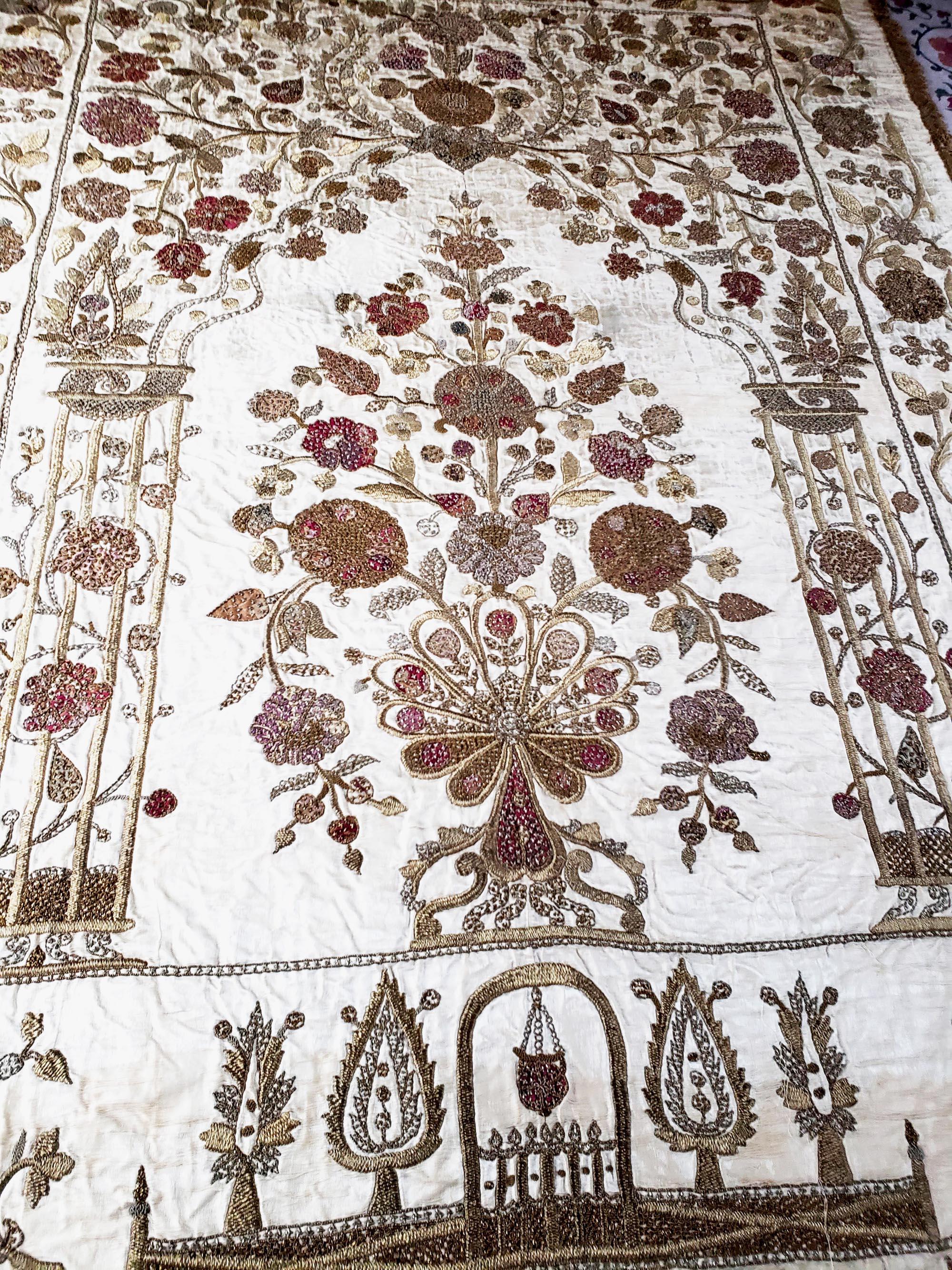 Turkish Ottoman Large Silkwork Textile Botanical Embroidery Hanging For Sale