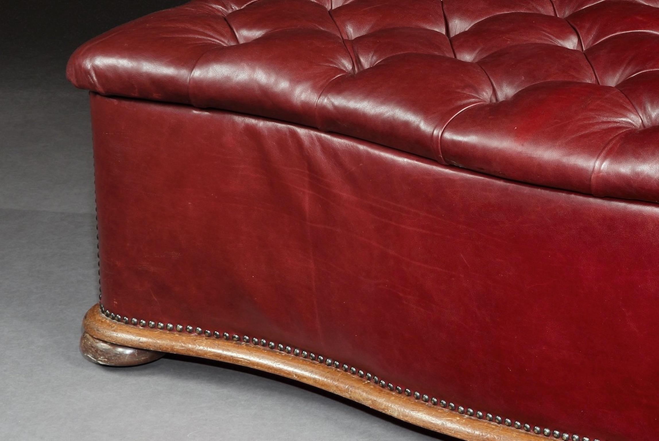 Ottoman, Leather, 19th Century, English, Victorian, Mahogany, Serpentine, Tufted For Sale 1