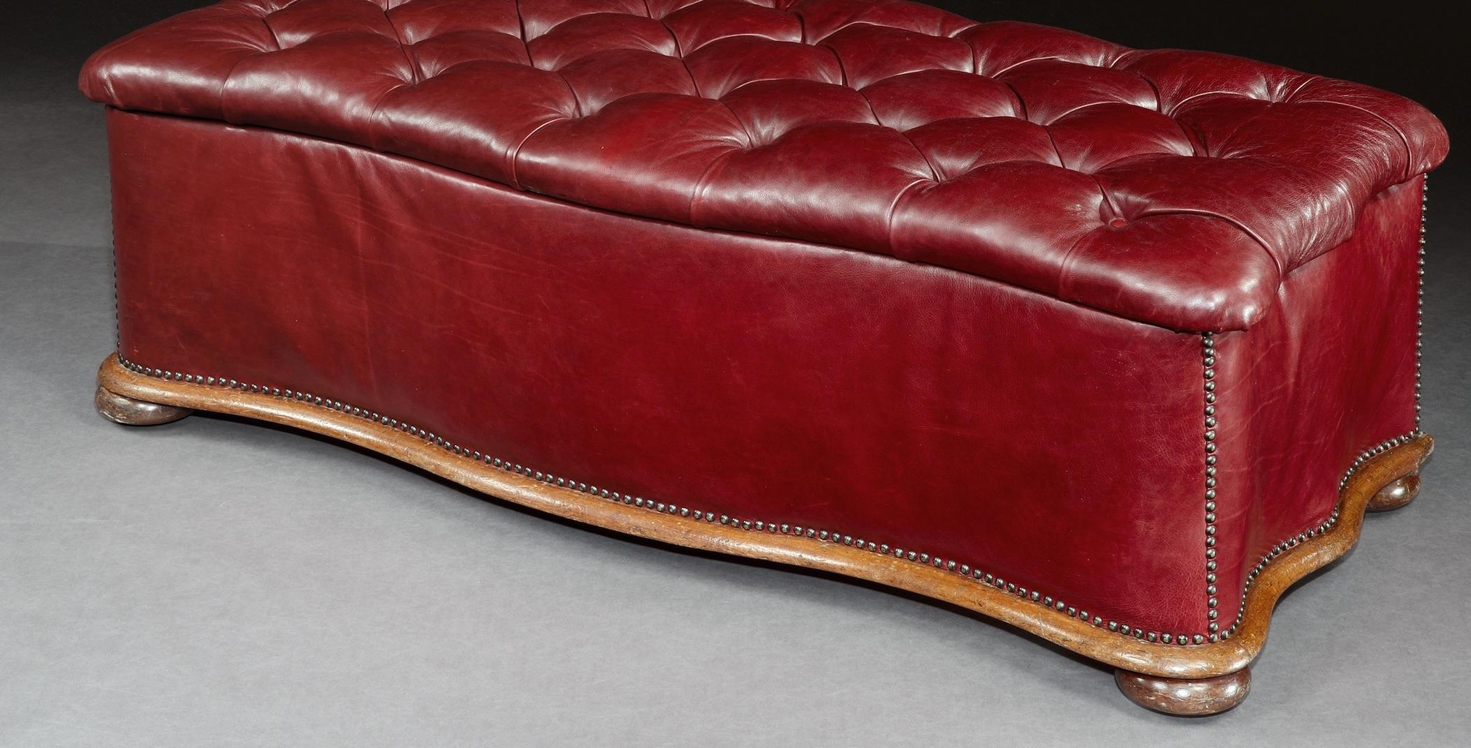 Ottoman, Leather, 19th Century, English, Victorian, Mahogany, Serpentine, Tufted For Sale 2