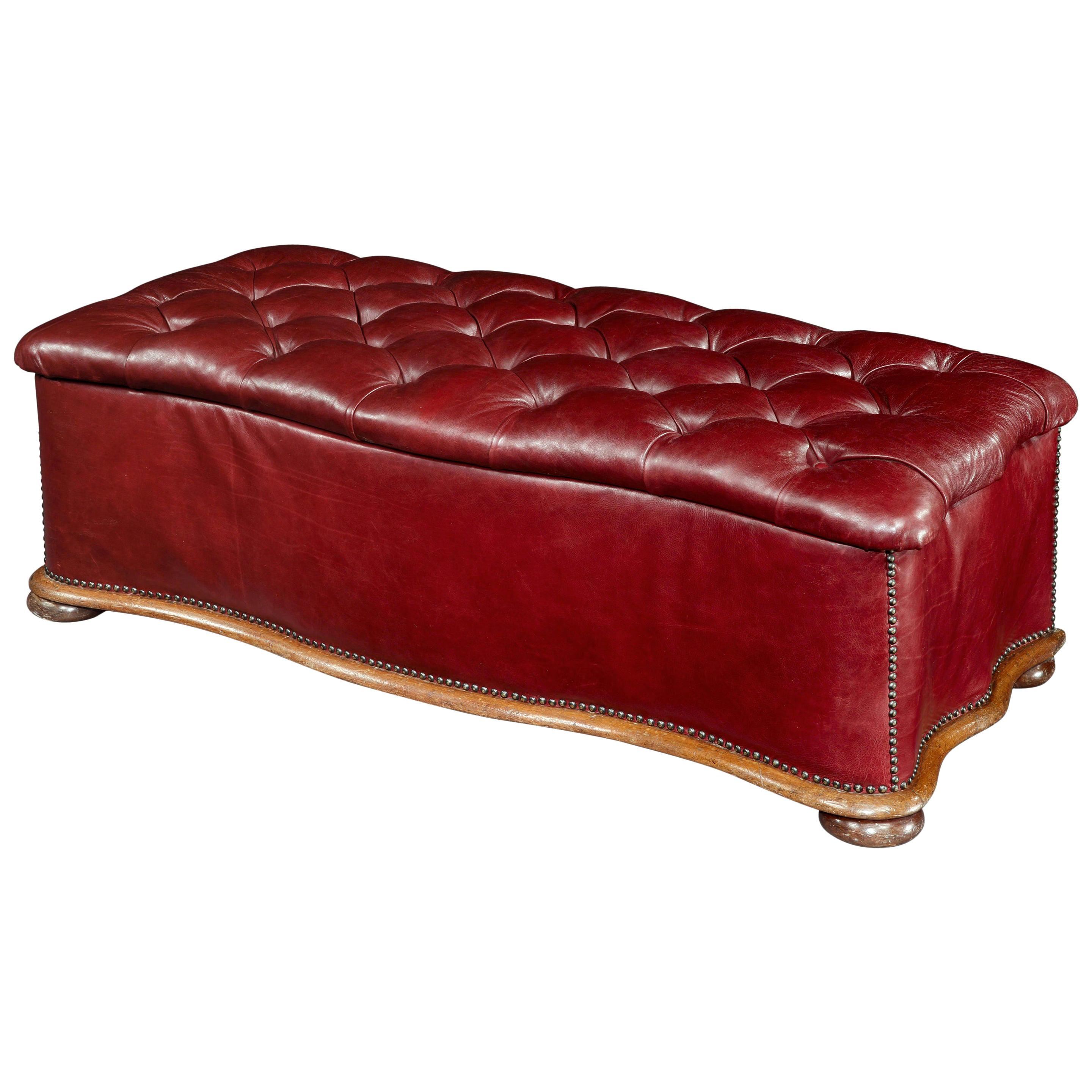 Ottoman, Leather, 19th Century, English, Victorian, Mahogany, Serpentine, Tufted