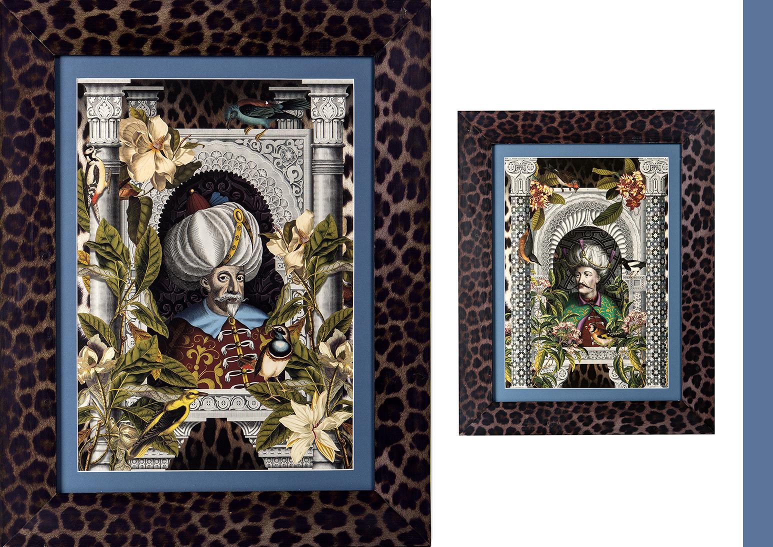 Ottoman print number 2. Multi-color Giclèe print on 100% cotton paper. Ottoman personage against a ground of architecture and tropical flora. Bluette passepartout. Wide wood fashion frame with Leopard pattern printed directly onto the wood