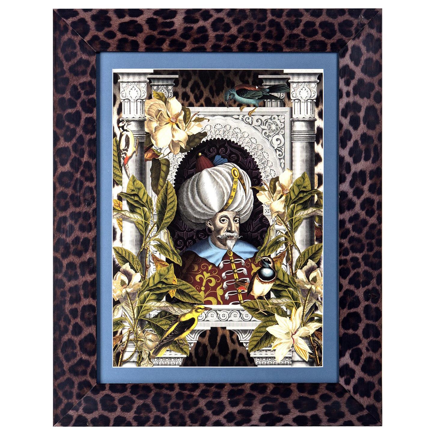 Italian Contemporary Gliceé Ottoman Print n.2 with Printed Leopard Wood Frame For Sale