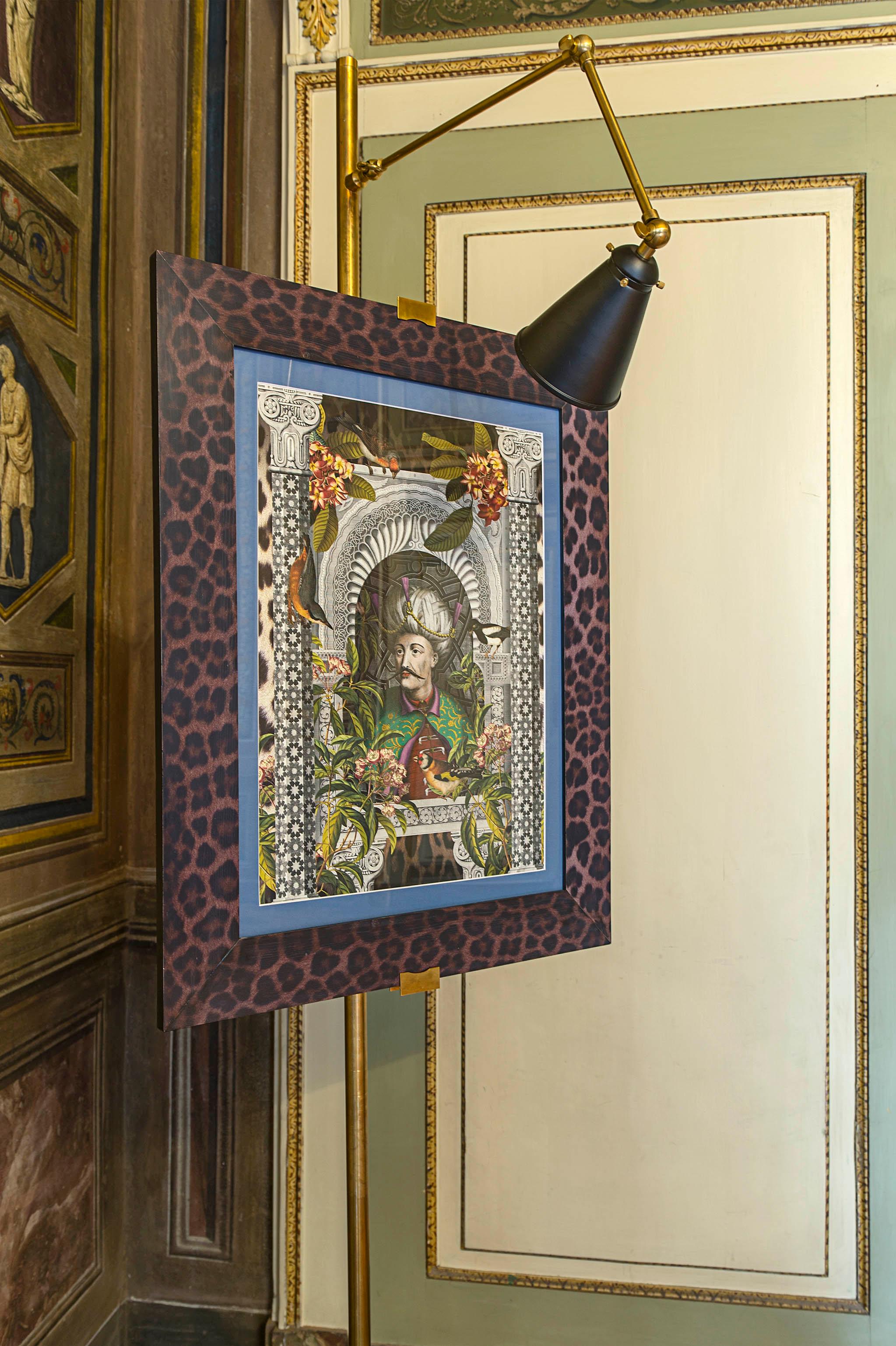 Modern Italian Contemporary Gliceé Ottoman Print n.1 with Printed Leopard Wood Frame For Sale