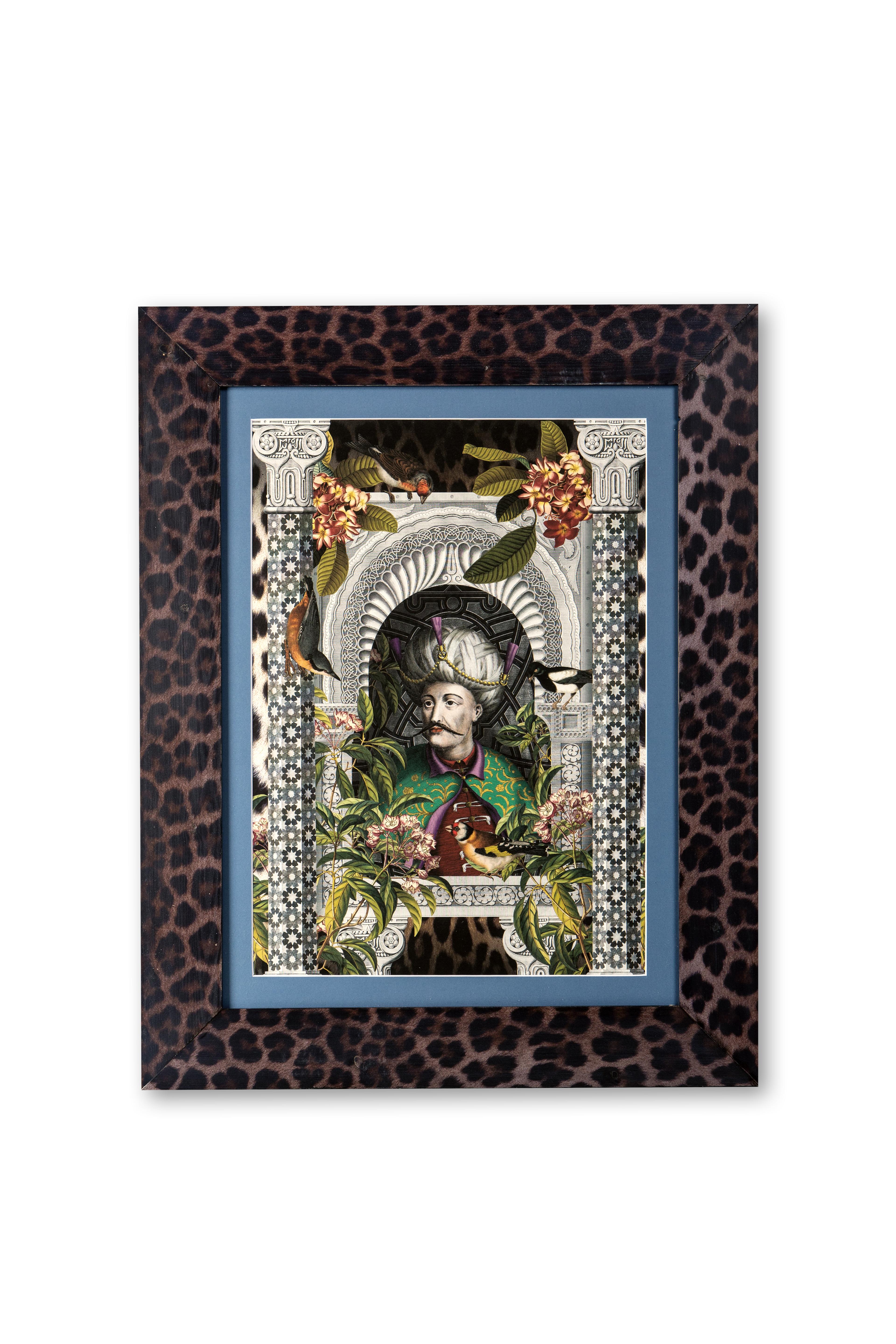 Italienischer Contemporary Gliceé Ottoman Print n.1 mit bedrucktem Leopardenholzrahmen im Zustand „Neu“ im Angebot in Scandicci, Florence
