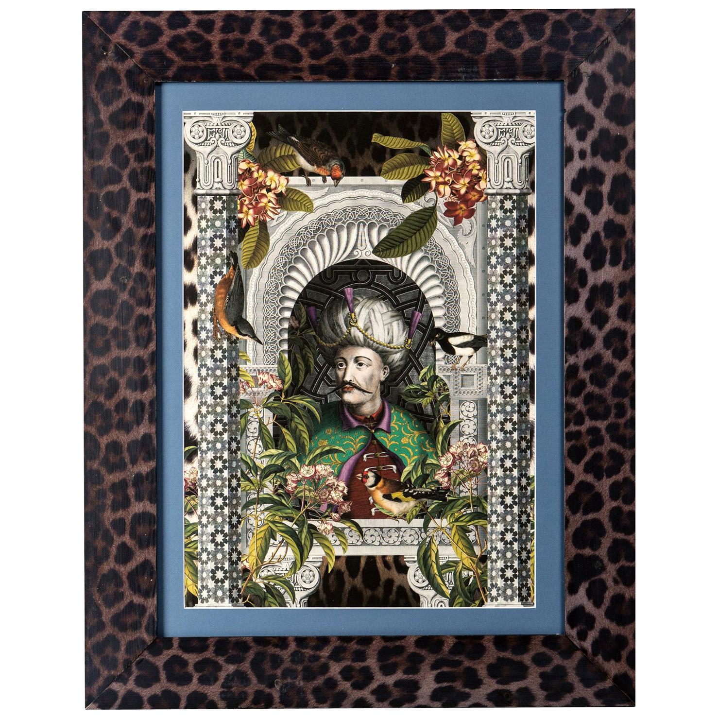 Italian Contemporary Gliceé Ottoman Print n.1 with Printed Leopard Wood Frame For Sale