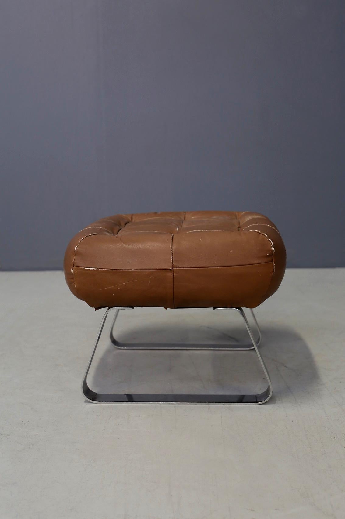 Leather Ottoman Midcentury Percival Lafer Earth Collection with Label, 1970s