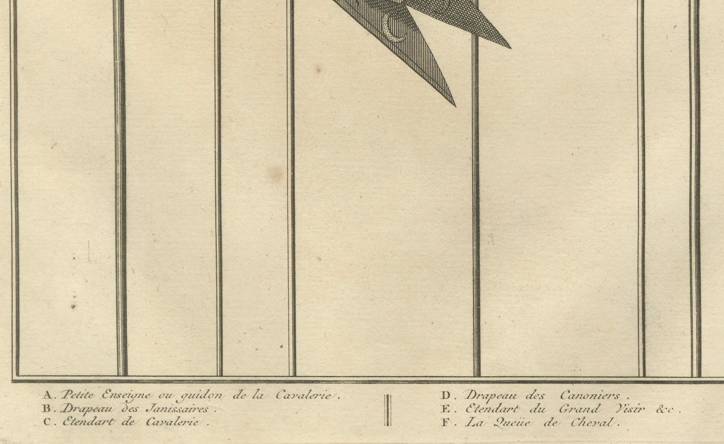 Titre : Les normes militaires et cérémonielles ottomanes - Gravure de 1734 des drapeaux de la cavalerie et des janissaires

Description : Cette gravure sur cuivre détaillée datant de 1734 illustre six étendards militaires et cérémoniels ottomans,