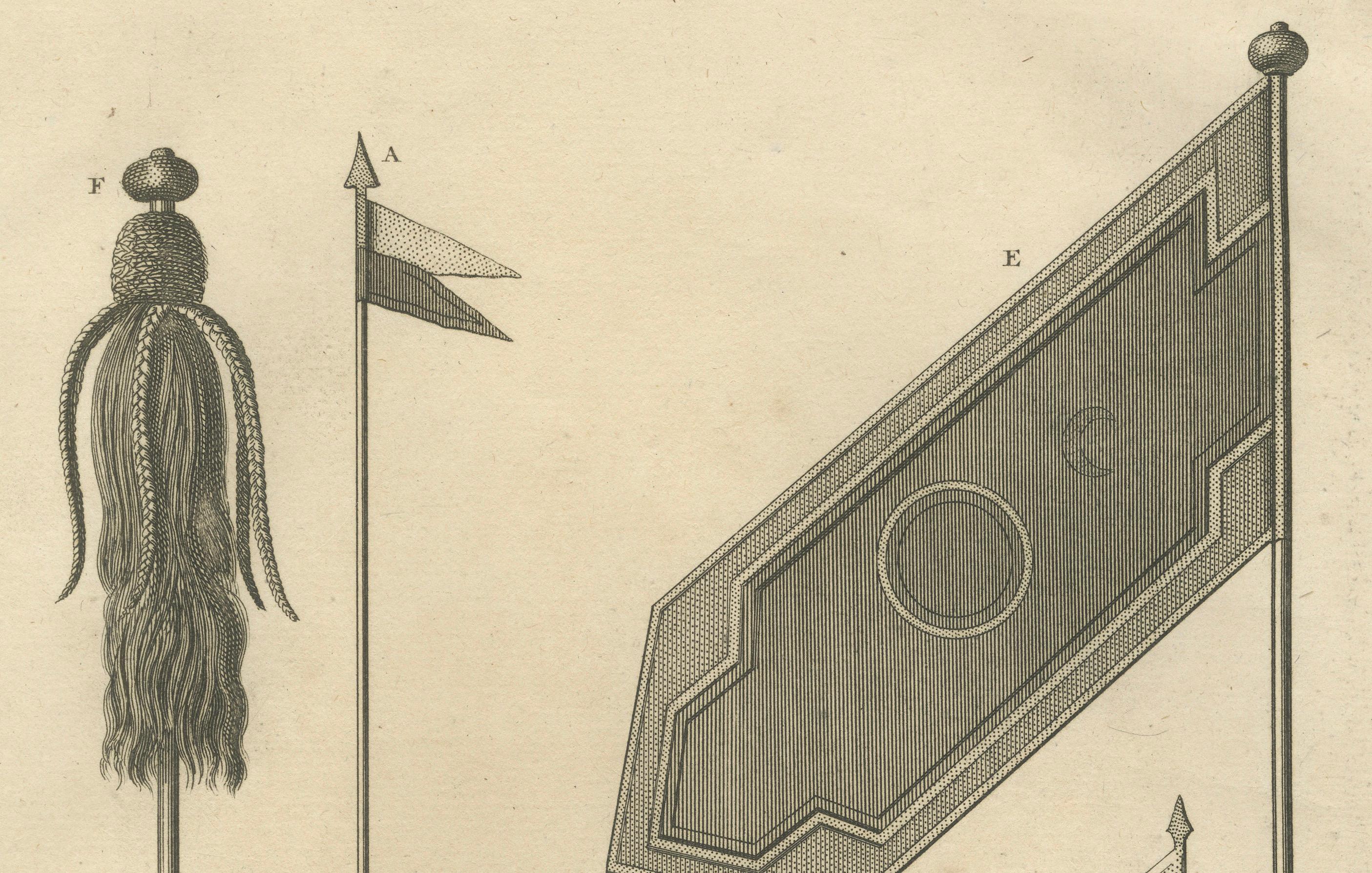 Gravé Étendards militaires et cérémoniels ottomans - Gravure de drapeaux de cavalerie et de janissaires en vente