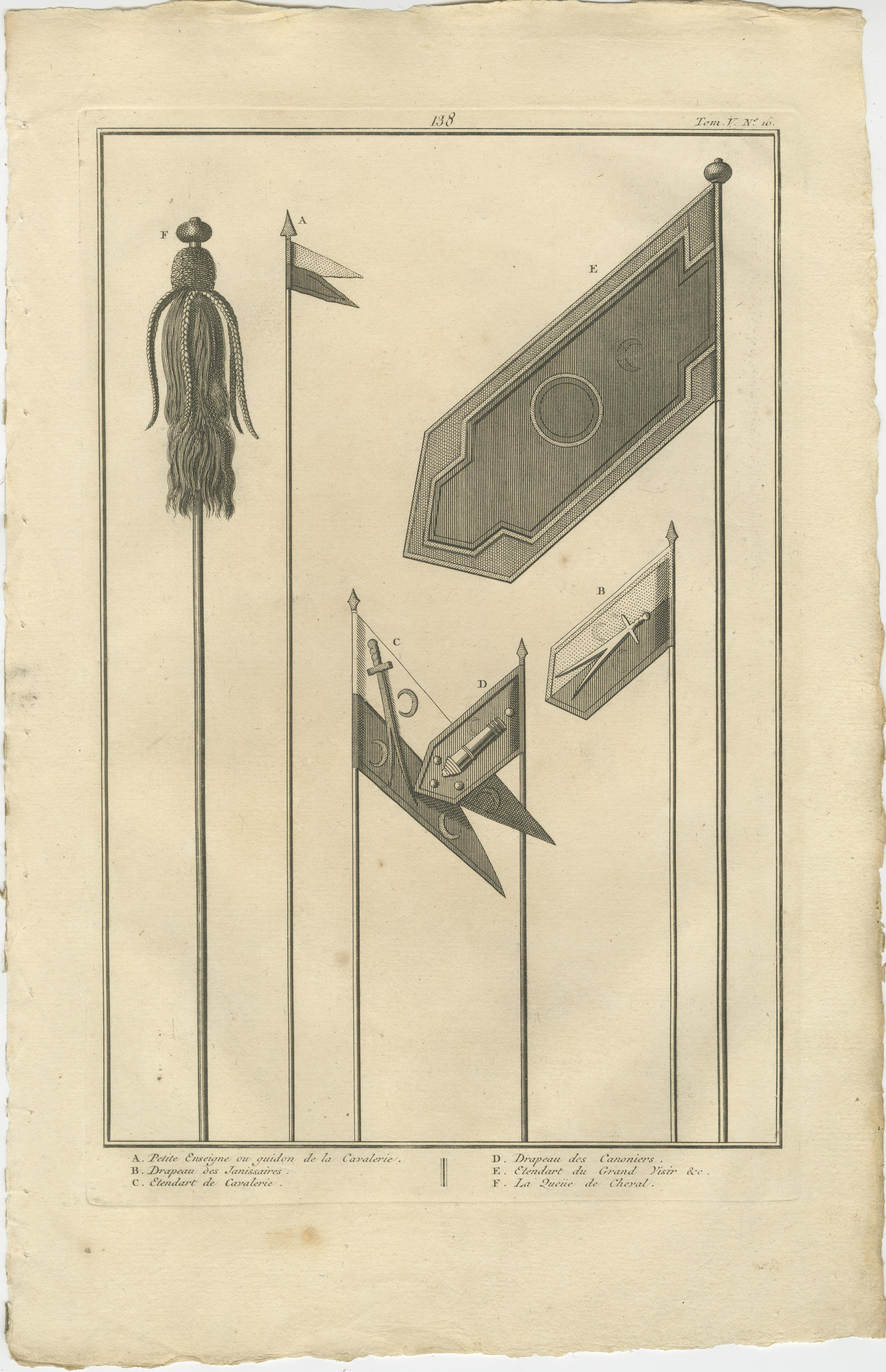 Papier Étendards militaires et cérémoniels ottomans - Gravure de drapeaux de cavalerie et de janissaires en vente