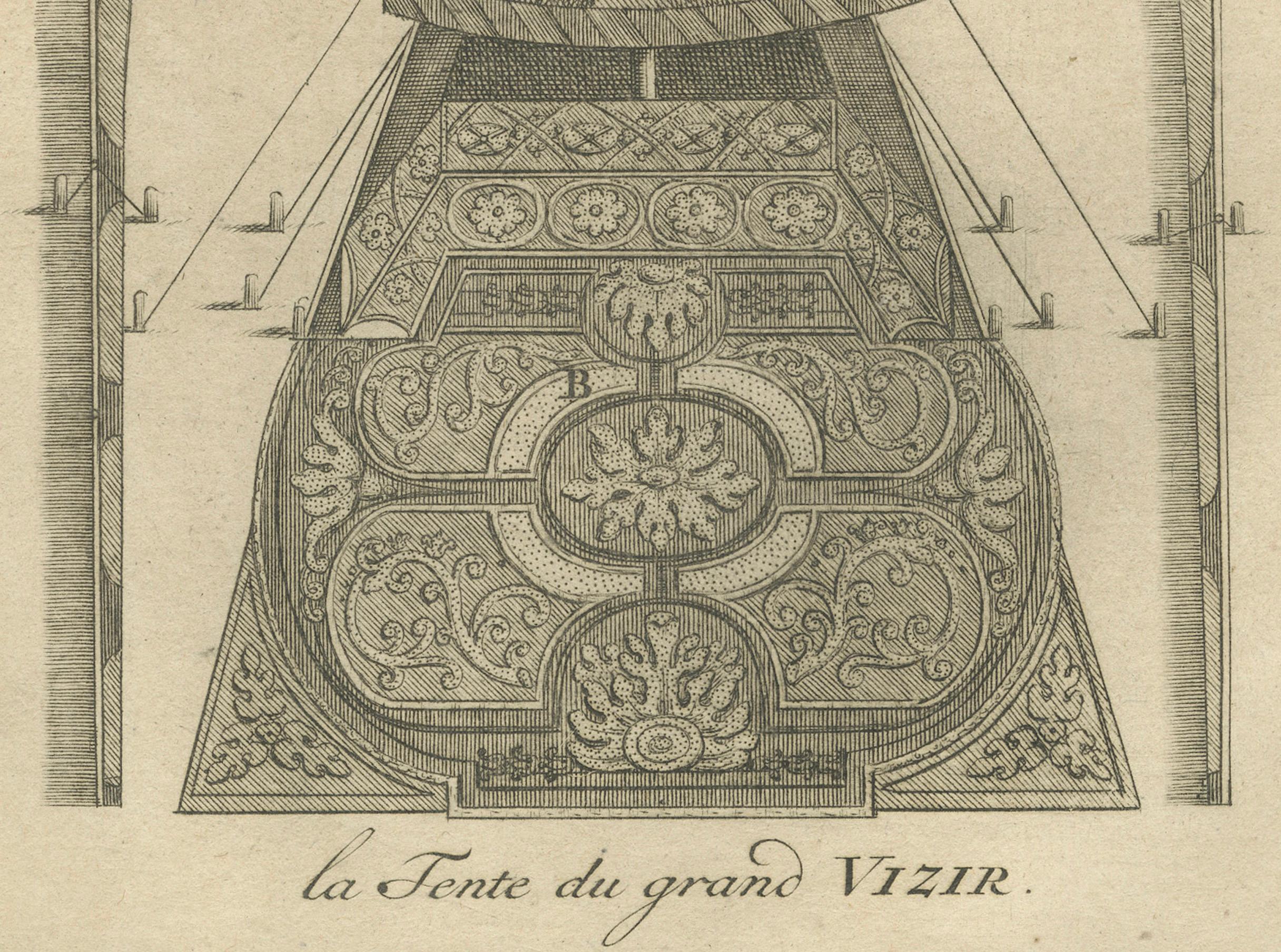 Titre : Le camp militaire ottoman - La tente du Grand Vizir, gravure de 1734

Description : Cette rare gravure sur cuivre de 1734 présente une représentation architecturale détaillée de *La Tente du Grand Vizir*, la tente d'apparat du Grand Vizir de