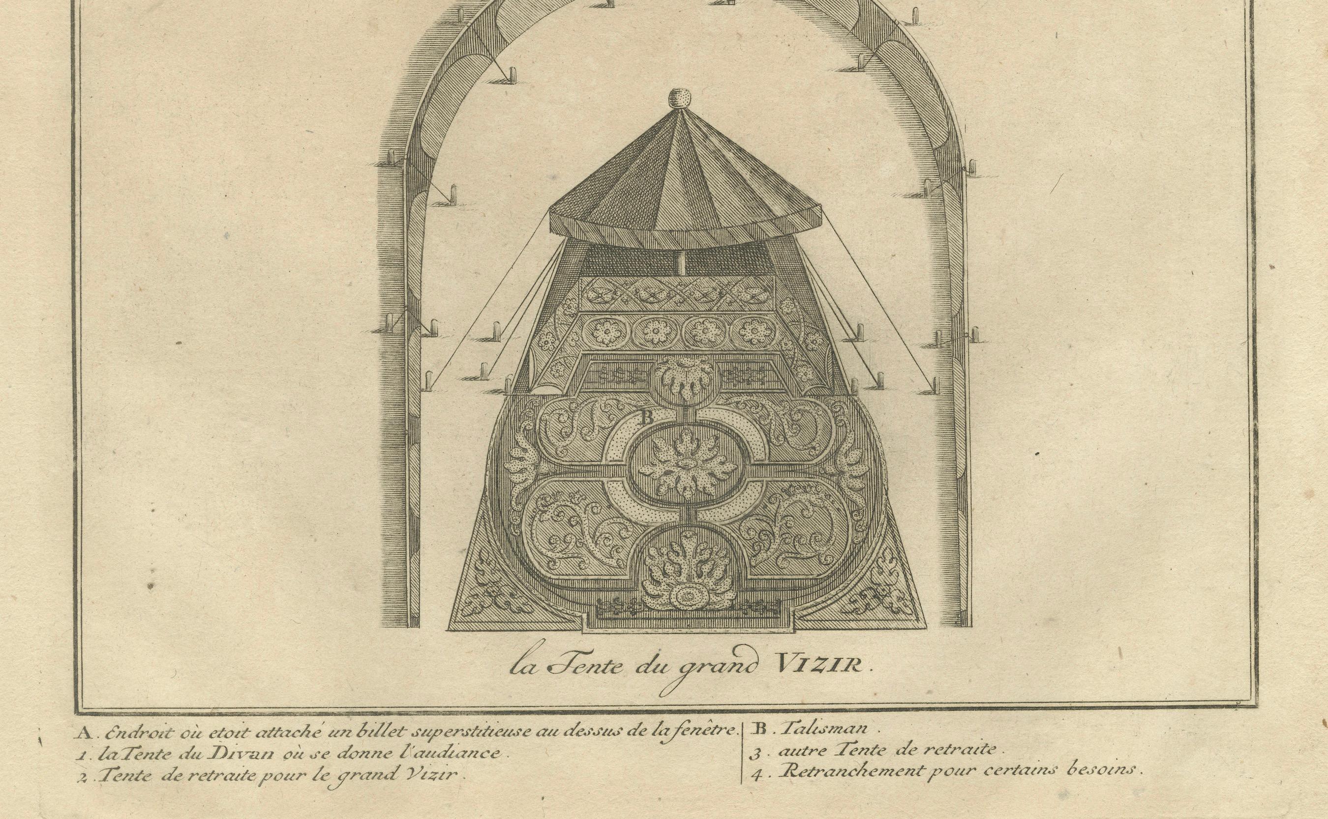 Gravé Campement militaire ottoman - La tente du Grand Vizir, gravure de 1734 en vente