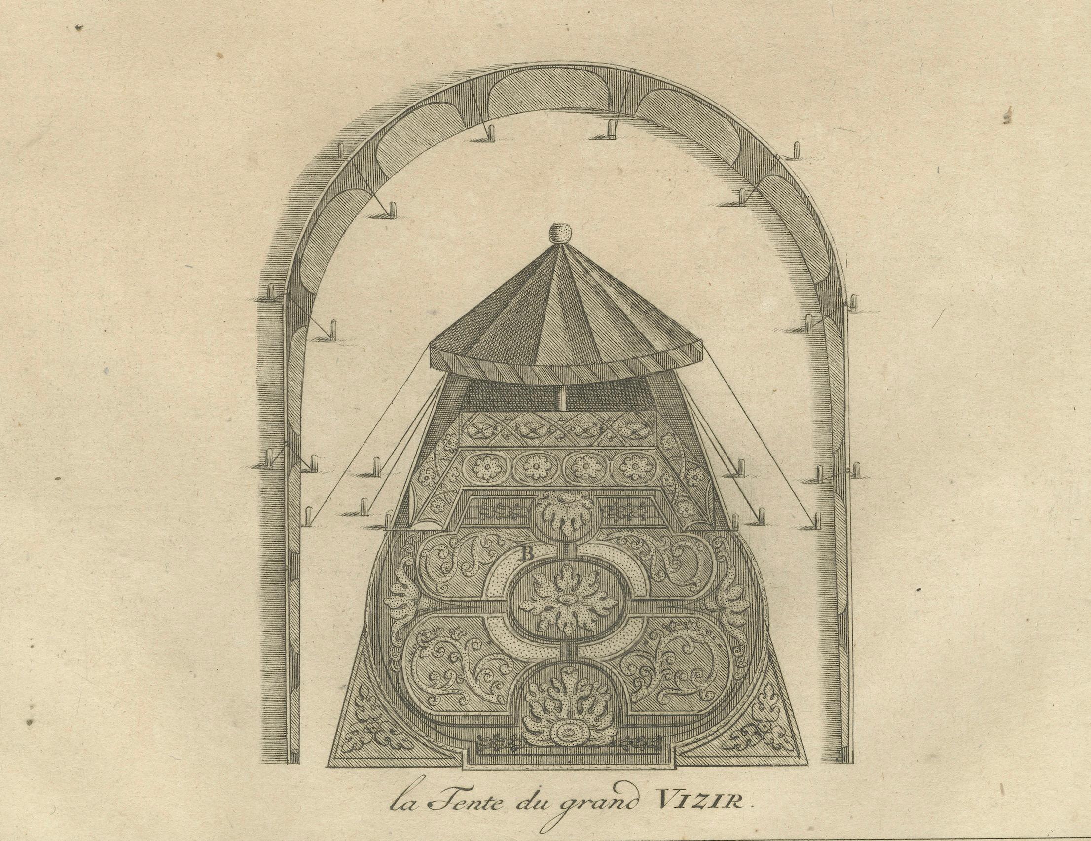 Campement militaire ottoman - La tente du Grand Vizir, gravure de 1734 Bon état - En vente à Langweer, NL