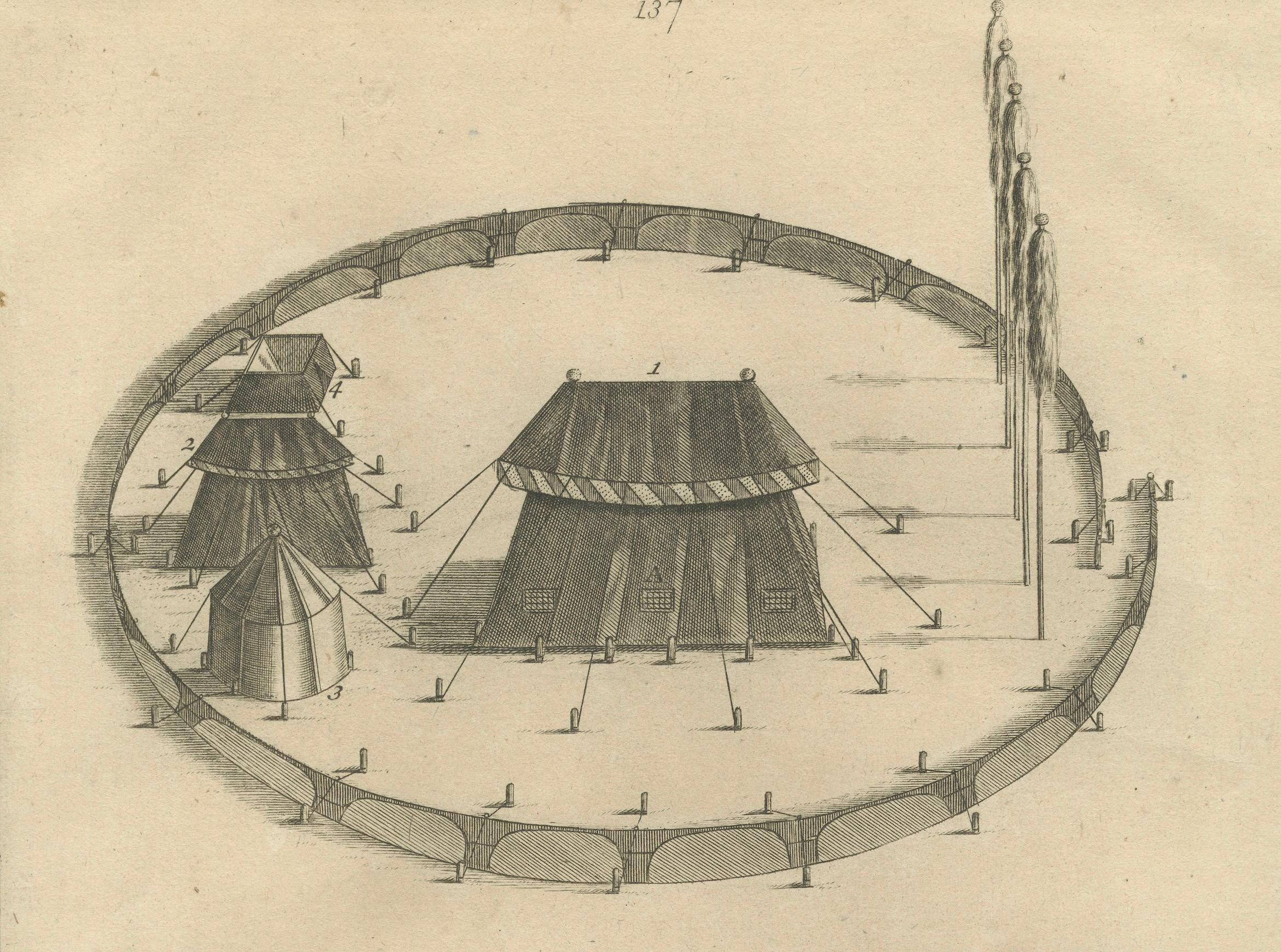 Milieu du XVIIIe siècle Campement militaire ottoman - La tente du Grand Vizir, gravure de 1734 en vente