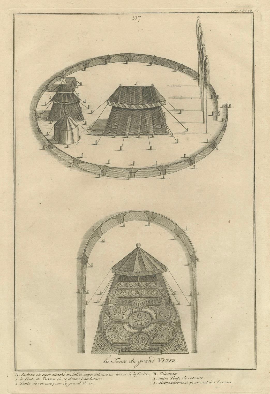 Papier Campement militaire ottoman - La tente du Grand Vizir, gravure de 1734 en vente