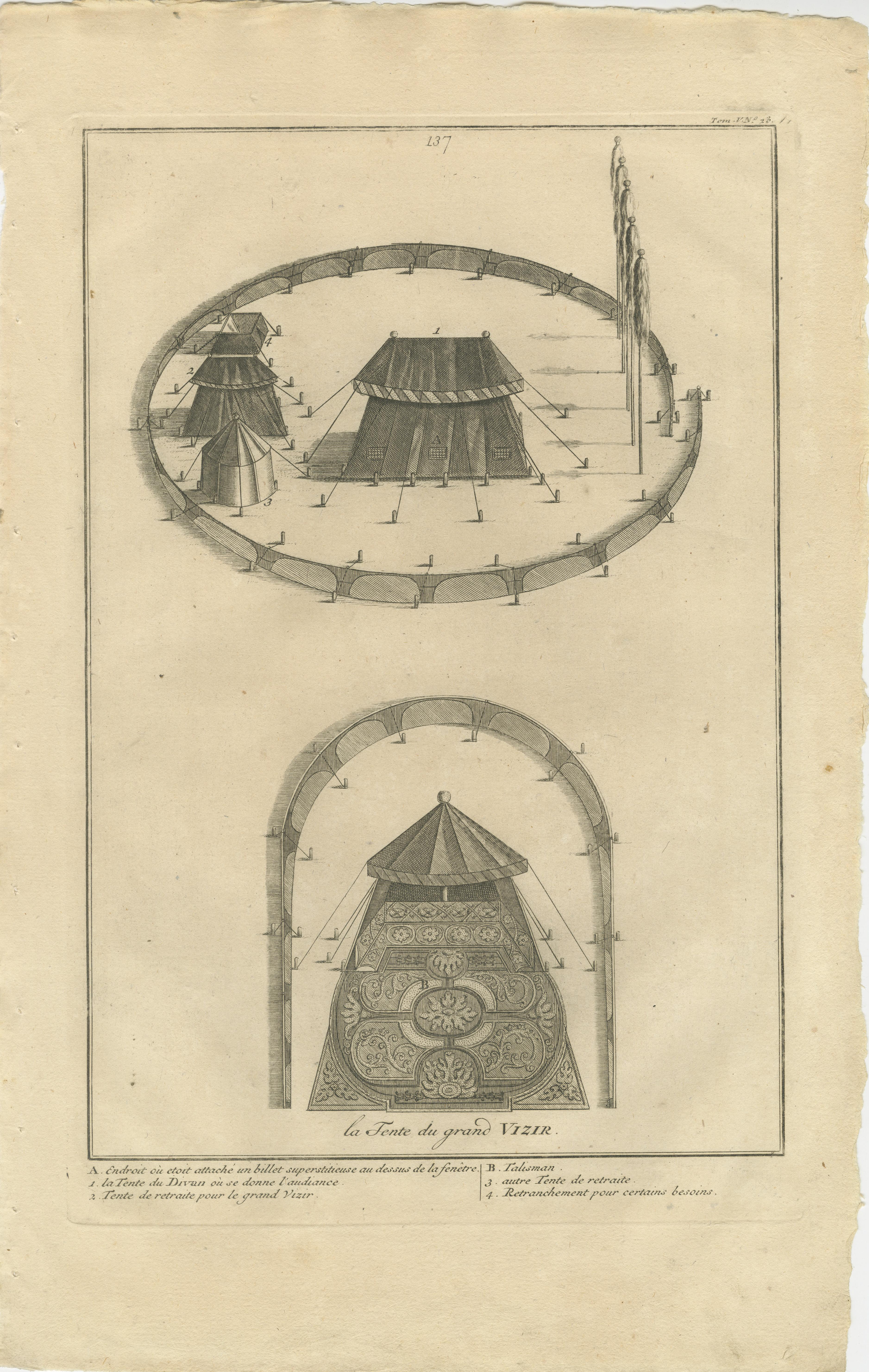 Campement militaire ottoman - La tente du Grand Vizir, gravure de 1734 en vente 1