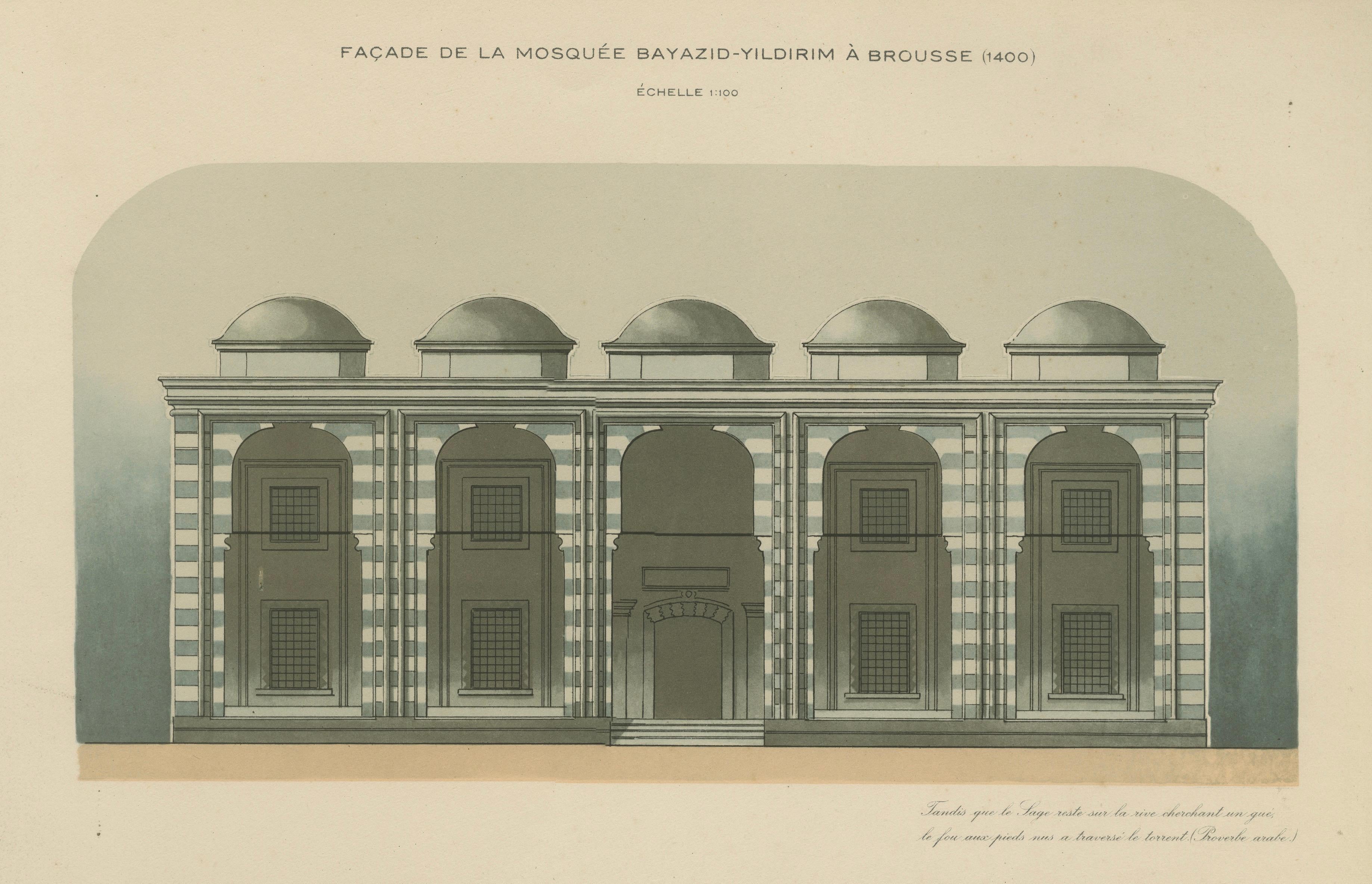 Ottoman Mosque Facade Lithograph, Bursa (Bayezid Yıldırım), 1924