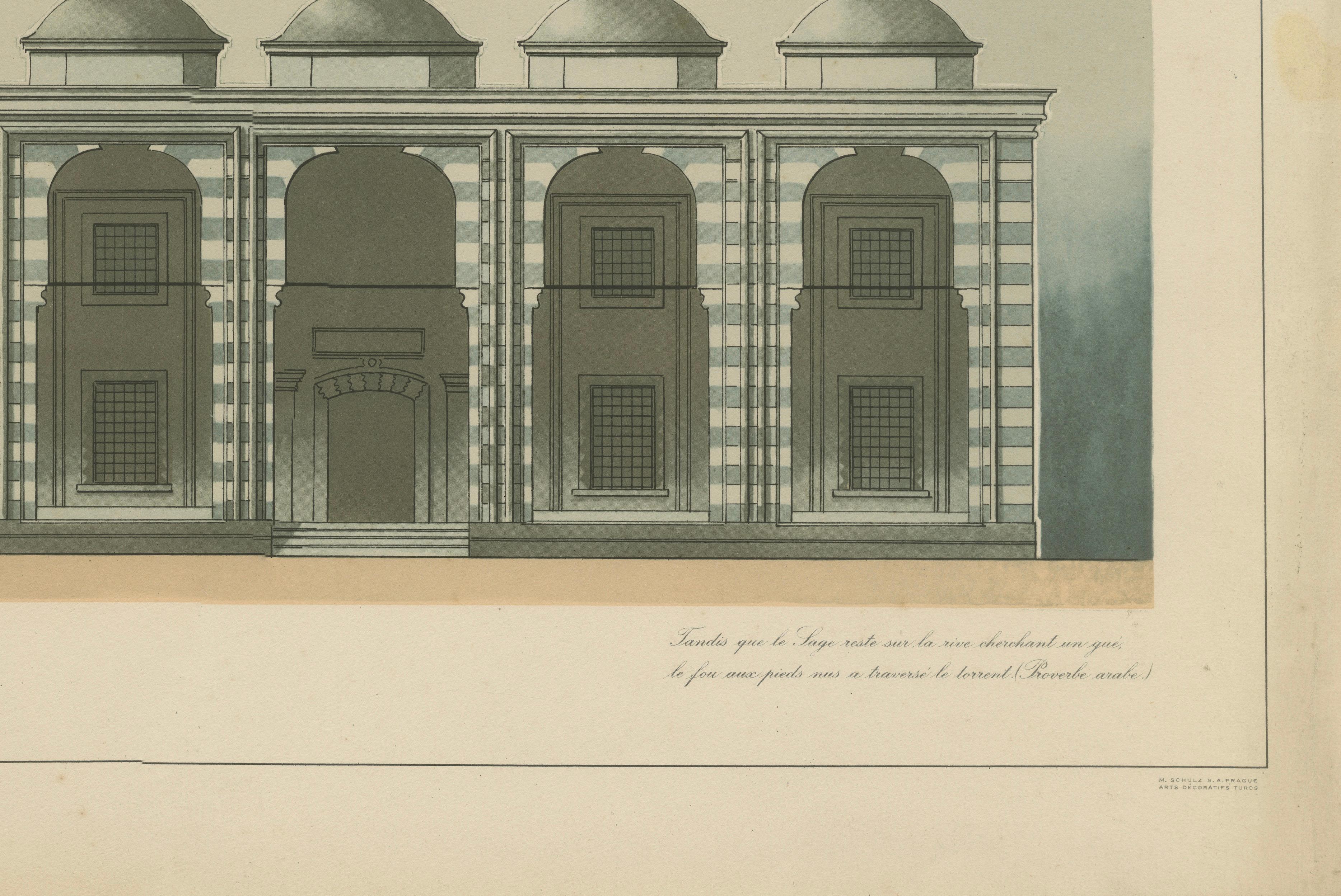 Ottoman Mosque Facade Lithograph, Bursa (Bayezid Yıldırım), 1924