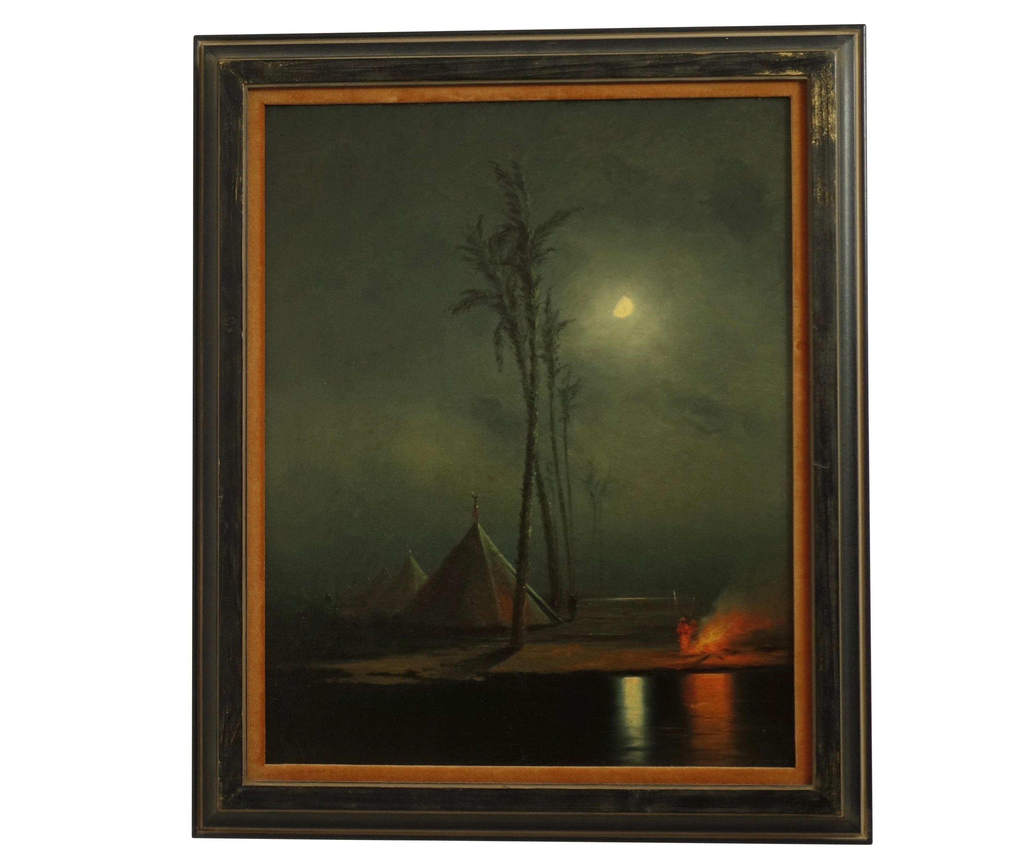 Oil on canvas of a nocturnal desert camp scene of men around a campfire. Signed and dated, g.j. Denny, 1874 (Gideon Jacques Denny) b.1830-d.1886. Sight measurement without frame 20 inches high x 16 inches wide.

Gideon Jacques Denny was